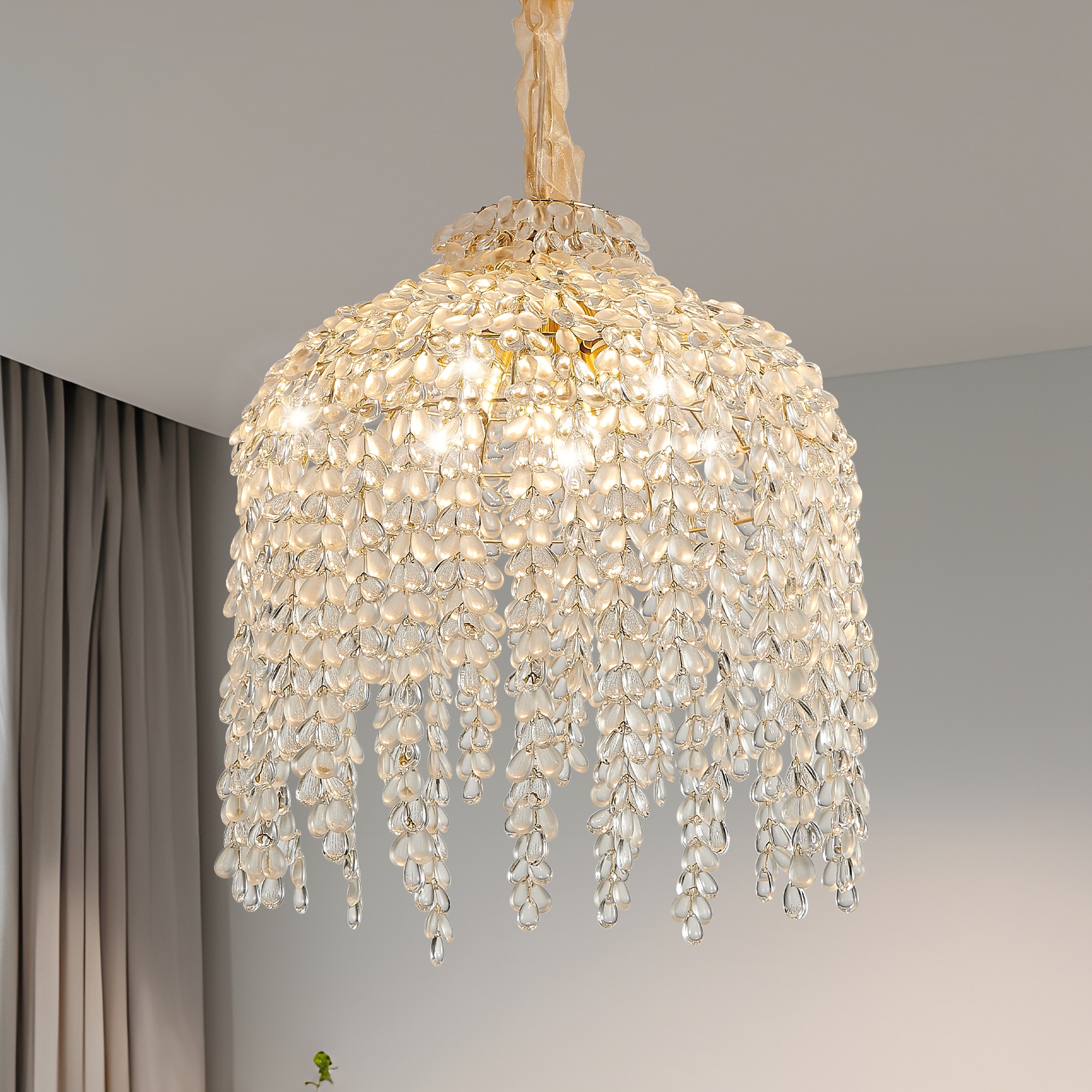 Oyezvary  16 Inch 5 Light Crystal Pendant Chandelier Gold Waterfall Grape Crystal Beads Adjustable Height for Living Room Bedroom Dining
