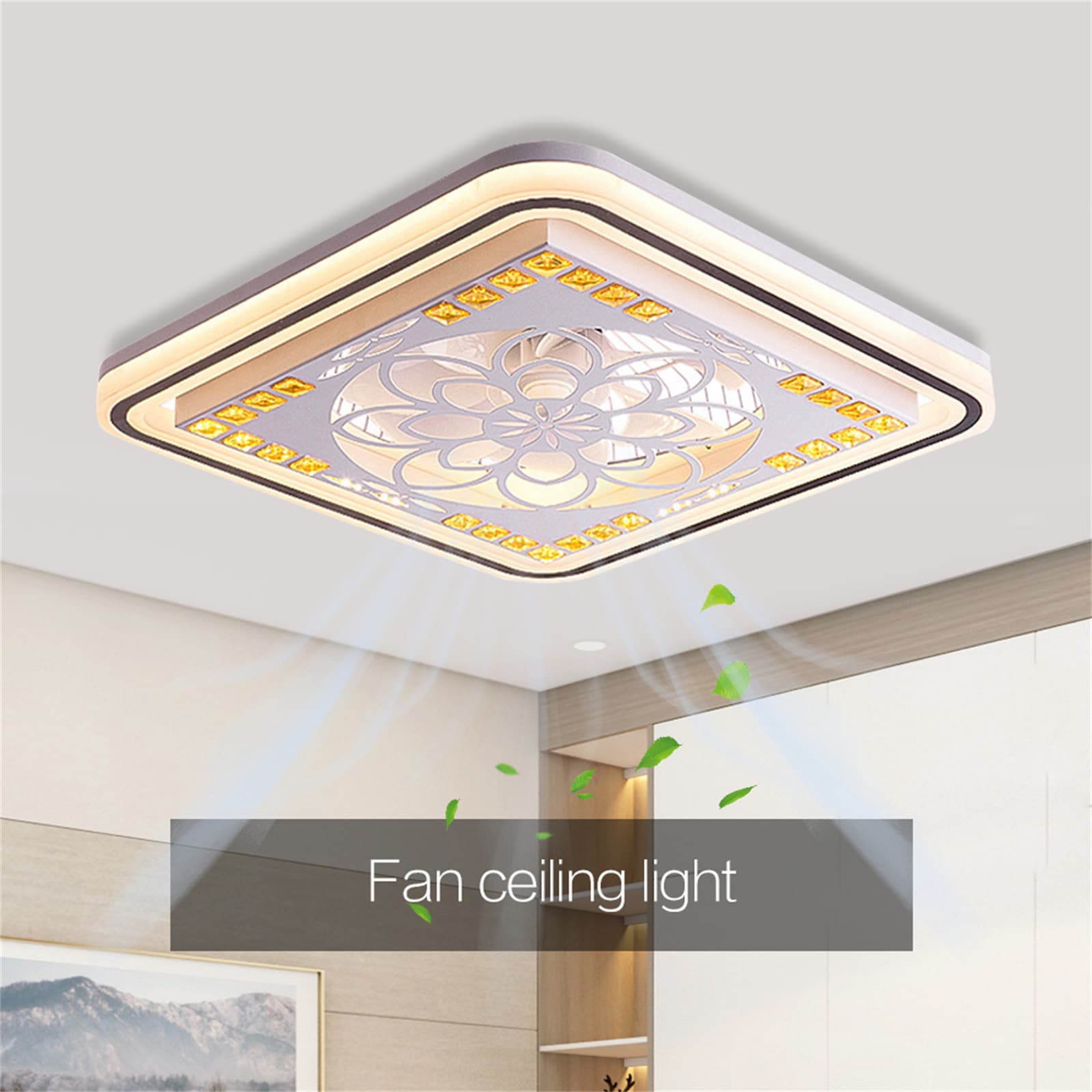 Oukaning HG-WMTZXL-6709-US 20-in Color-Changing Integrated LED Flush Mount 36W Square Carving Color-Changed LED with ABS Blades Fandelier Ceiling Fan With Light - Remote Included ( 5 -Blade )