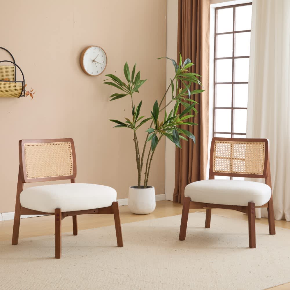 Coolbibila ANIYAH-CHAIRS-BEIGE Set of 2 Modern Beige Upholstered Accent Chairs with Woven Backrest and Wooden Frame for Living Room