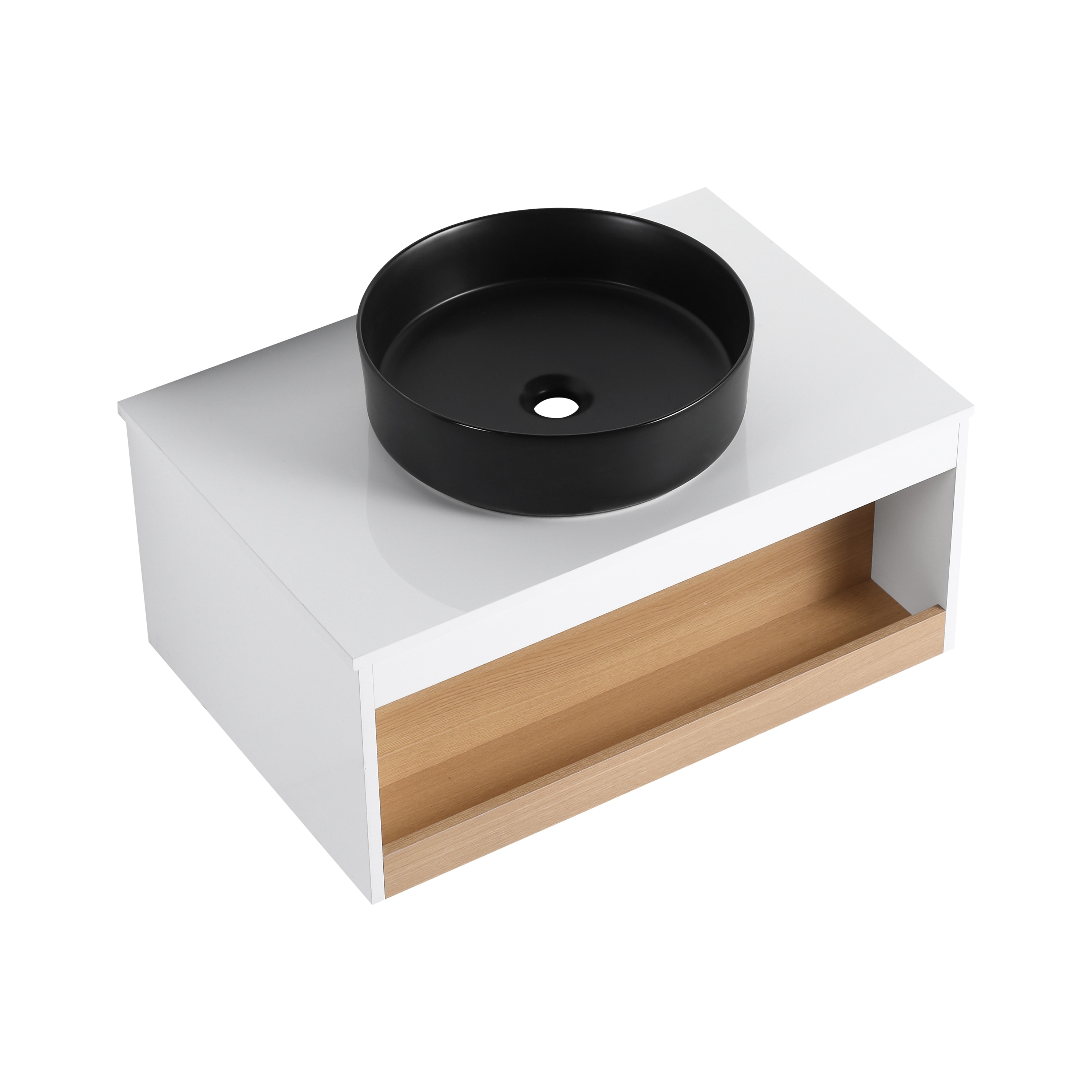 BEARSOLIM Floating Bathroom Vanity with Marble Vein Vessel Sink Wall-Mounted Vanity with Open Shelf Storage White Finish with Wood Accent