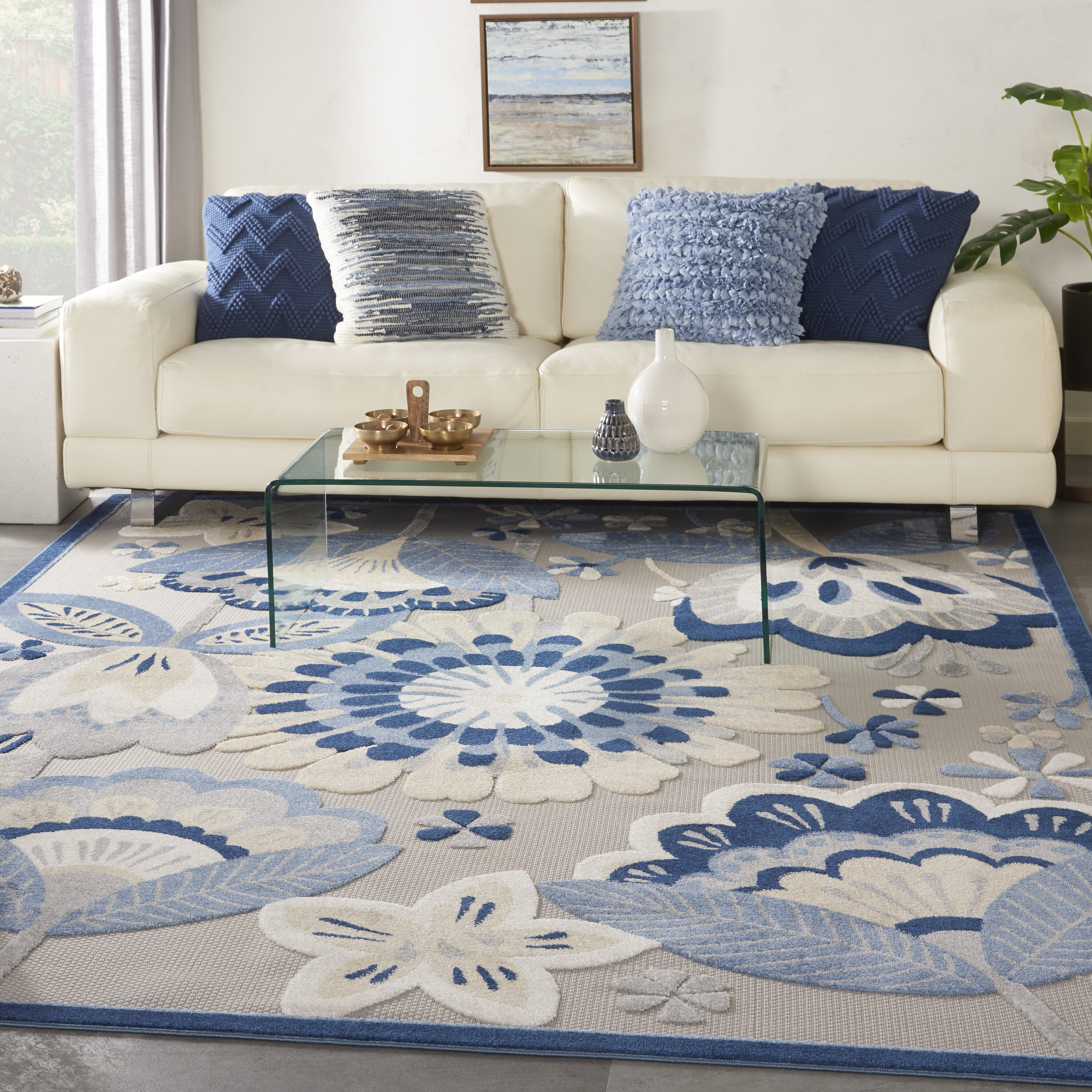 Nourison 99446829856 Aloha 12 x 15 (ft) Loomed Polypropylene Blue/Grey Rectangular Indoor/Outdoor Floral/Botanical Area rug