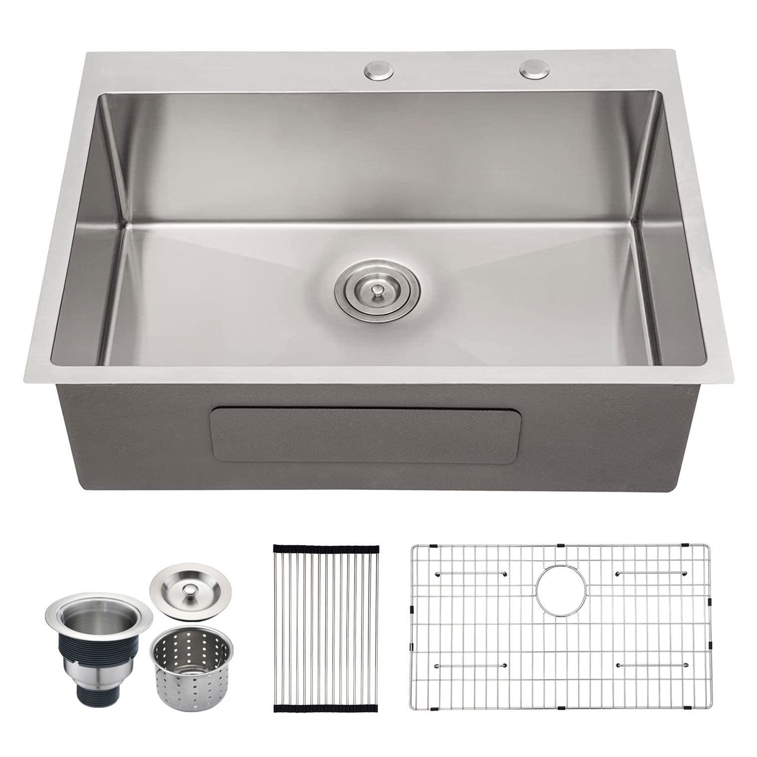 Tinyhomie 30 Inch 2-Hole Single Bowl Drop-In Stainless Steel Kitchen Sink with Bottom Grid and Basket Strainer
