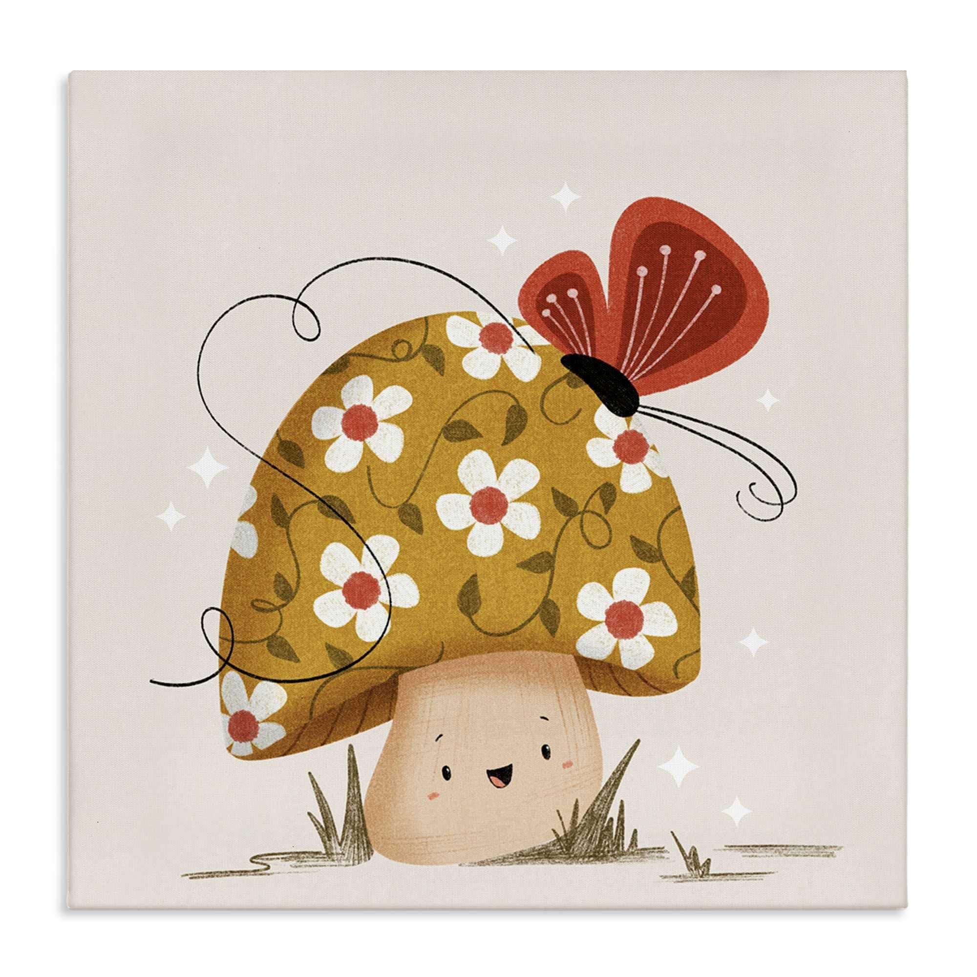 Stupell Industries BT-434-CN-30X30 Happy Mushroom and Butterfly Canvas Wall Art By Sarah Hickman 30 x 30