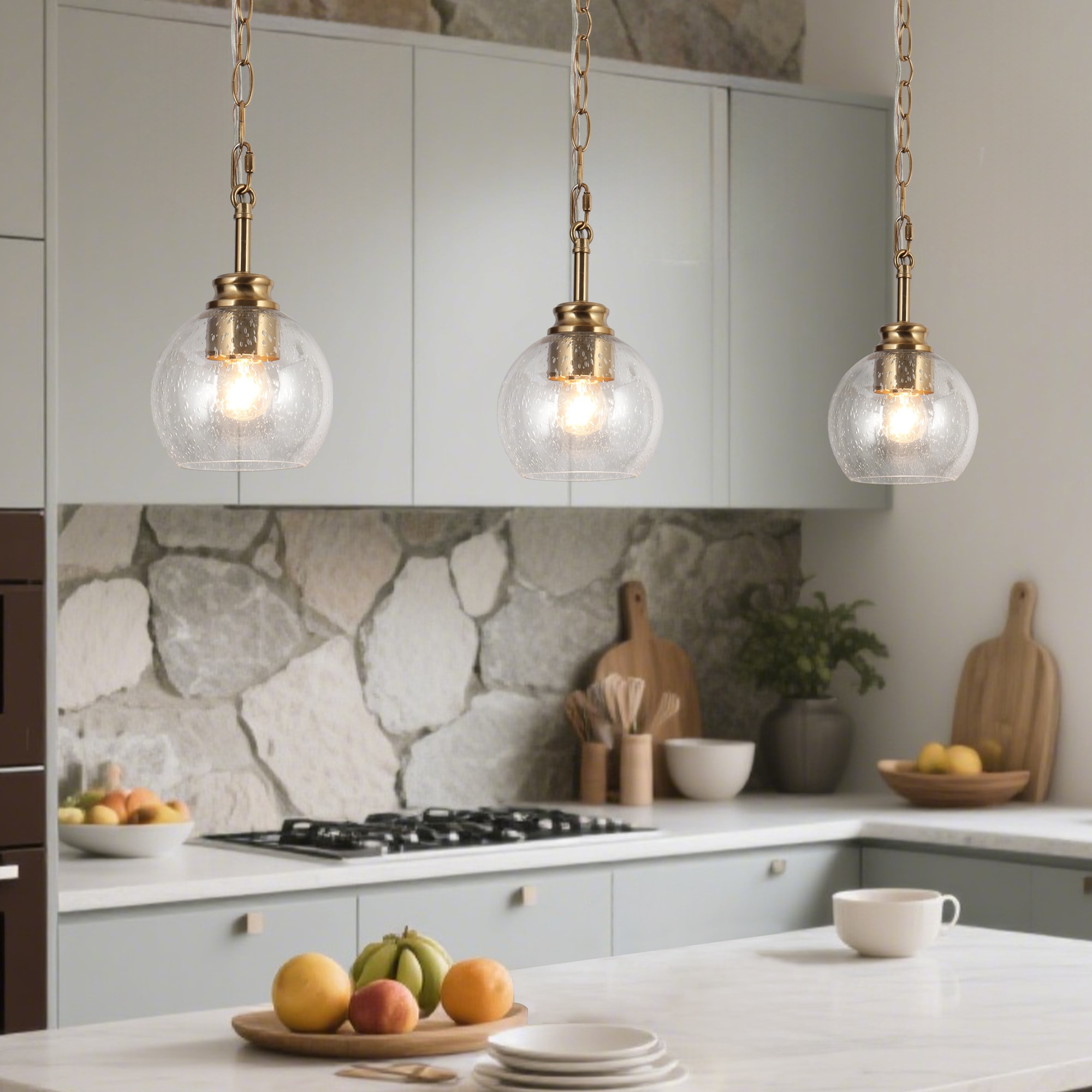 ZEVNI Sygor Transitional 1 -Light Matte Black/Polished Gold Traditional Seeded glass Globe Mini Hanging Kitchen Island Light