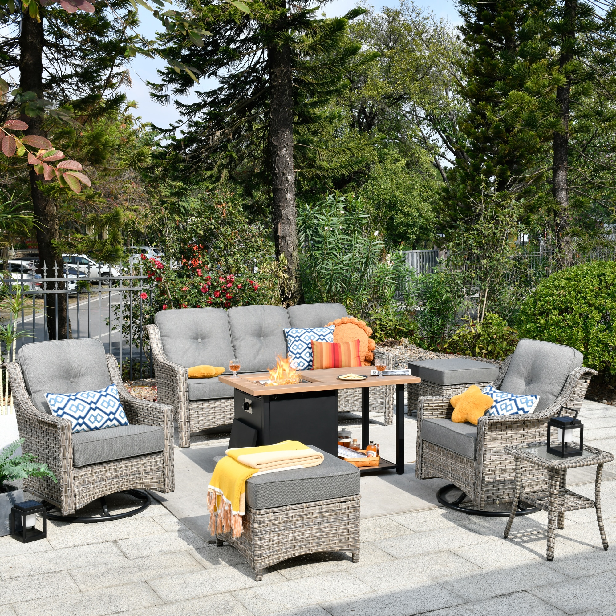 Ovios RFP11PD2-6Y 7 -Piece Wicker Patio Sofa Conversation Set with Dark Gray Cushions