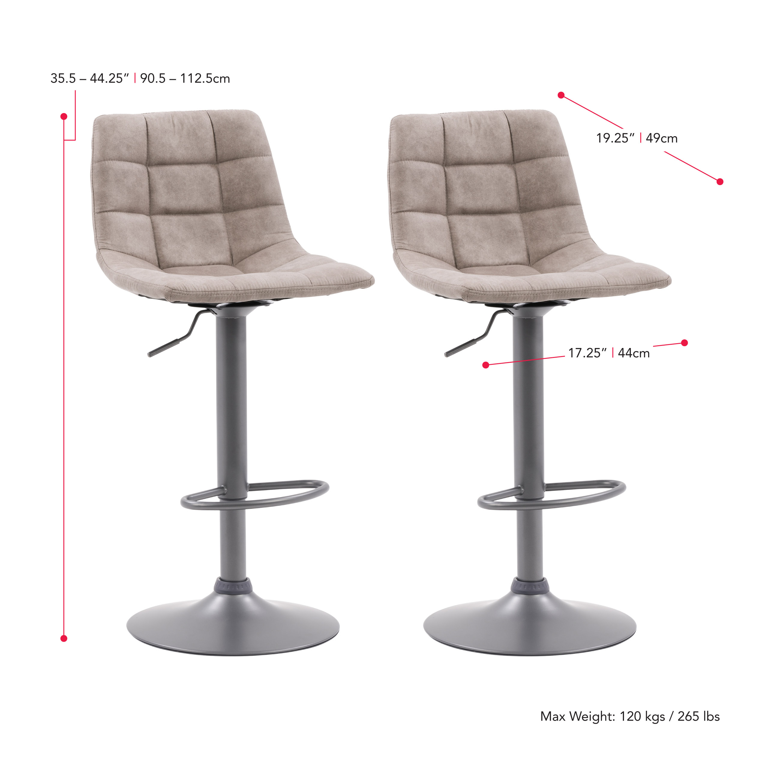 Palmer Adjustable Light Grey Tufted Fabric Swivel Barstools - Set of 2