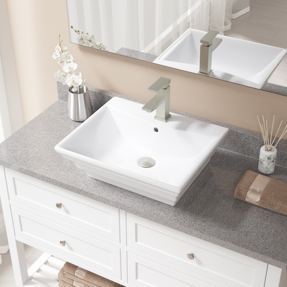 MR Direct V160-W-720-BN White Porcelain Vessel Rectangular Traditional Bathroom Sink with Faucet and Drain Included (19.88-in x 17.13-in)