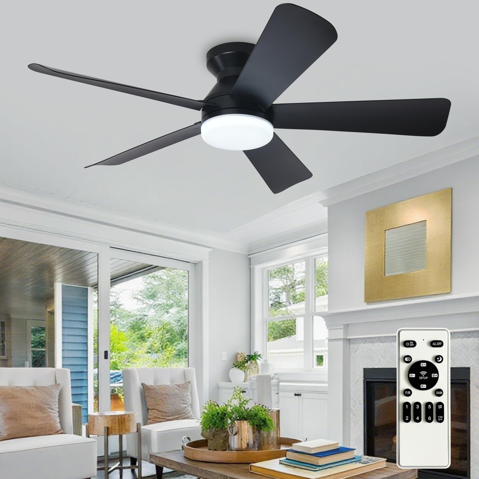 Vrbgify  42 inch Black Ceiling Fan with Light 5 Reversible Blades Dimmable LED Flush Mount Indoor Outdoor Remote Control 6 Speeds Timer 1 Piece