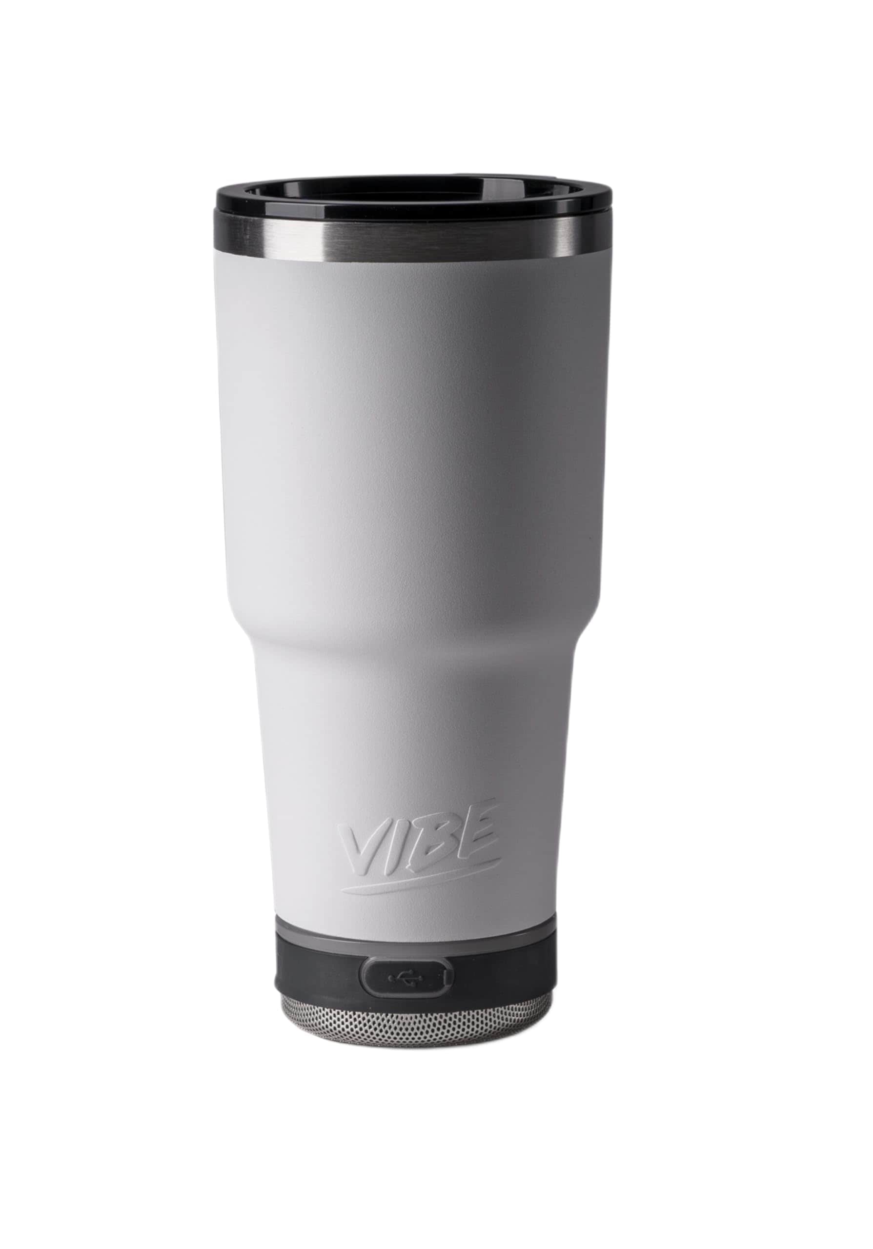Rage Pour Caddy Vibe 28 oz Tumbler with Bluetooth Speaker Insulated Stainless Steel Travel Cup with Lid Hot Cold Drink Beve Container Removable Speaker with Microphone Rubber Base White #GC-28-WHT
