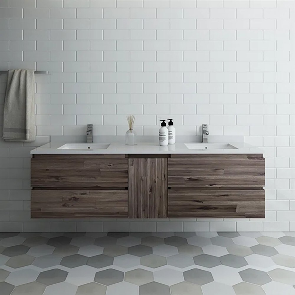 Acacia Wood 58" Wall Mounted Double Sink Bathroom Vanity Base