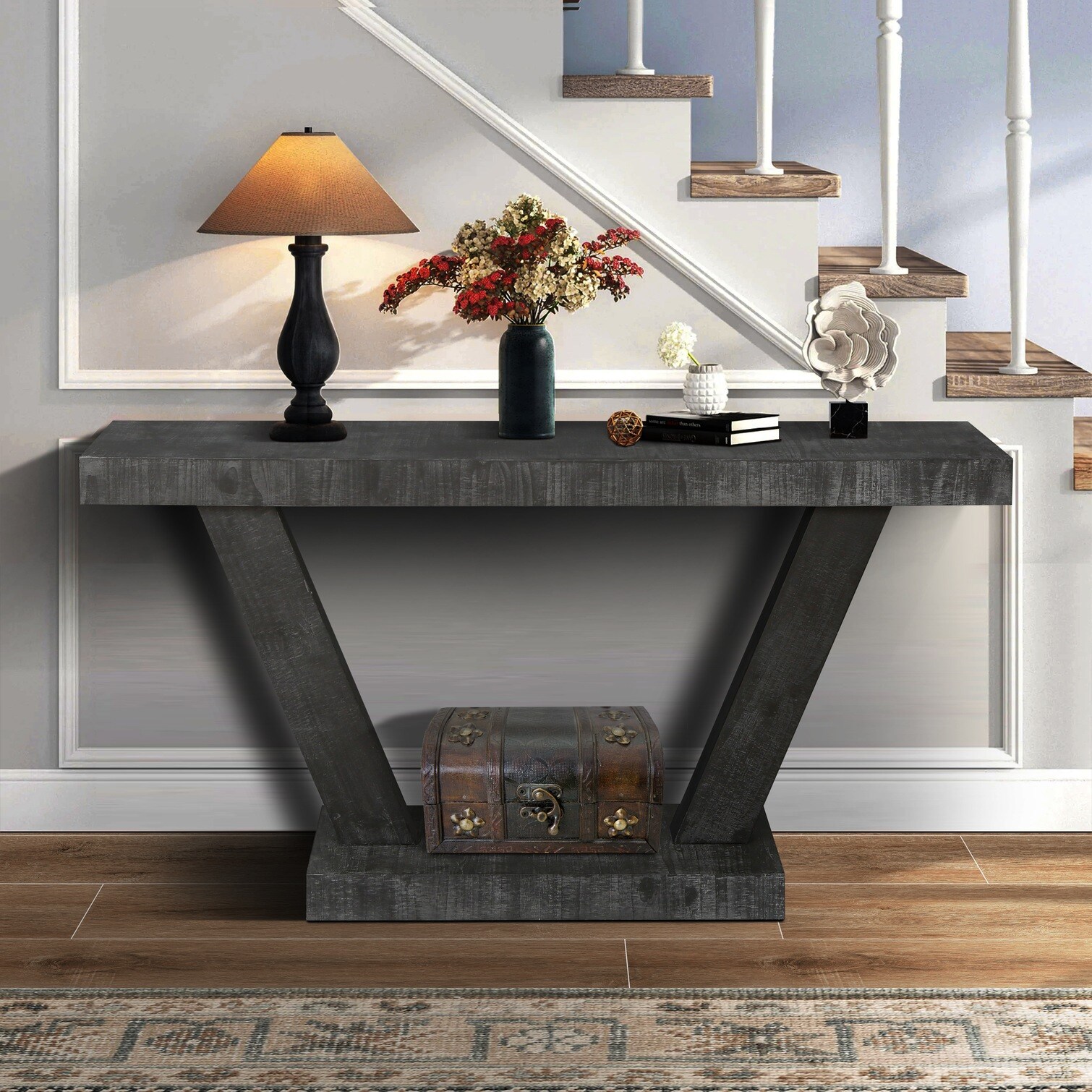 SunJet Matte Black Distressed Storage Bench with Two-Tier Cabinet 60 ...