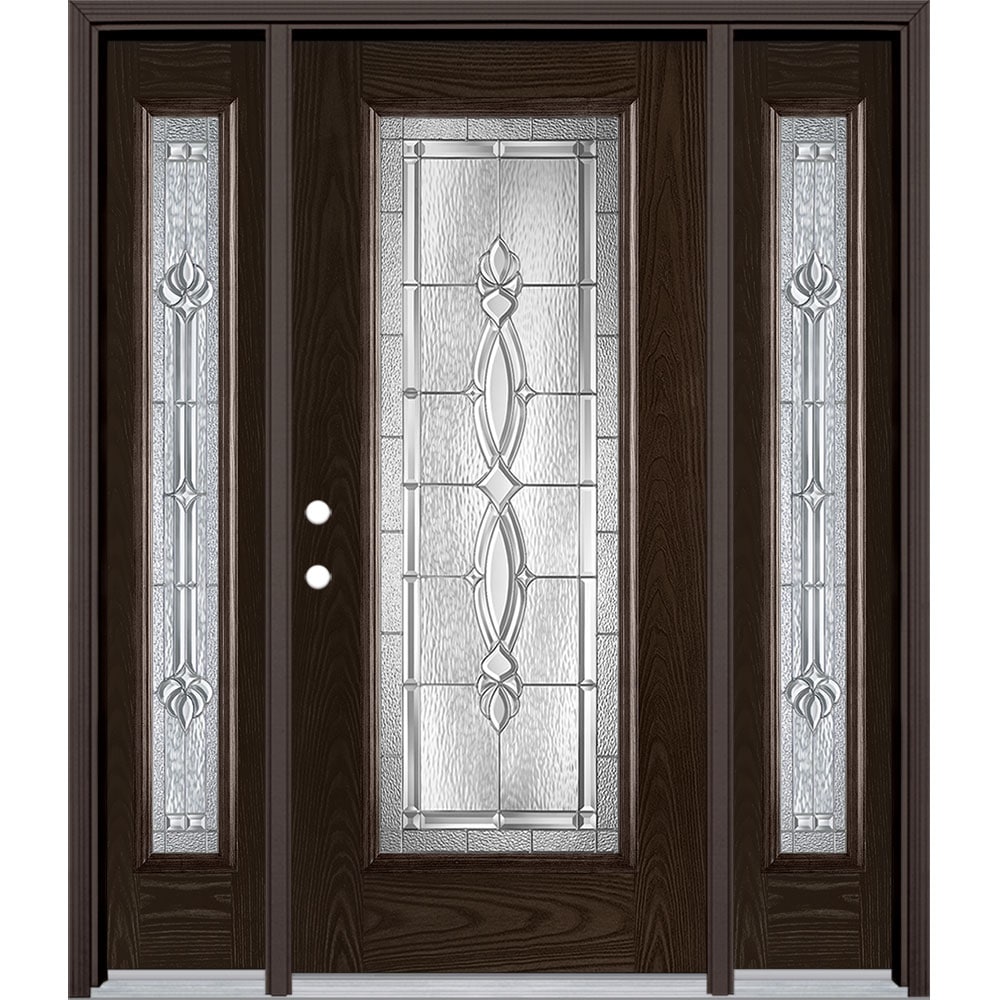 Masonite 3421854 Panama 60-in x 80-in x 4-9/16-in Fiberglass Full lite Right-hand inswing Walnut Stained Prehung Single door with sidelights Front Door with Brickmould Insulating core Decorative glass