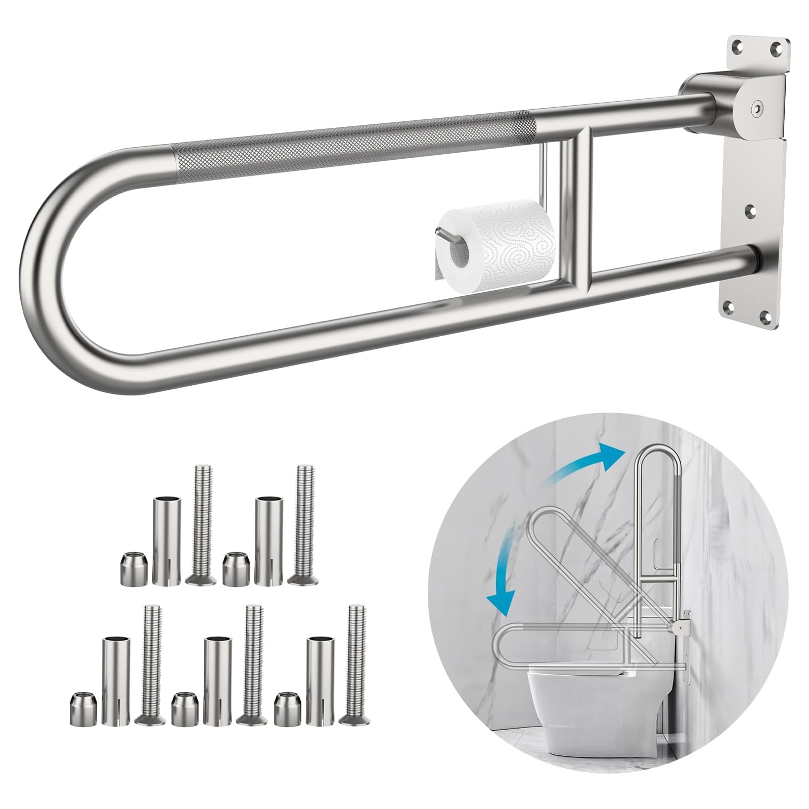 Afoxsos 1 Piece 30.3 Inch Satin Nickel Toilet Safety Grab Bar for Elderly Flip Up Anti Slip Stainless Steel Wall Mount with Paper Holder