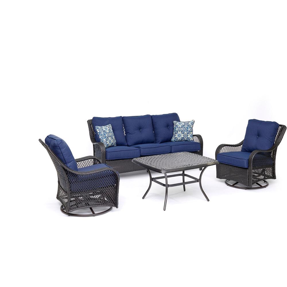 Hanover ORL4PCCTSW2-NVY Orleans 4-Piece Patio Conversation Set with Blue Cushions