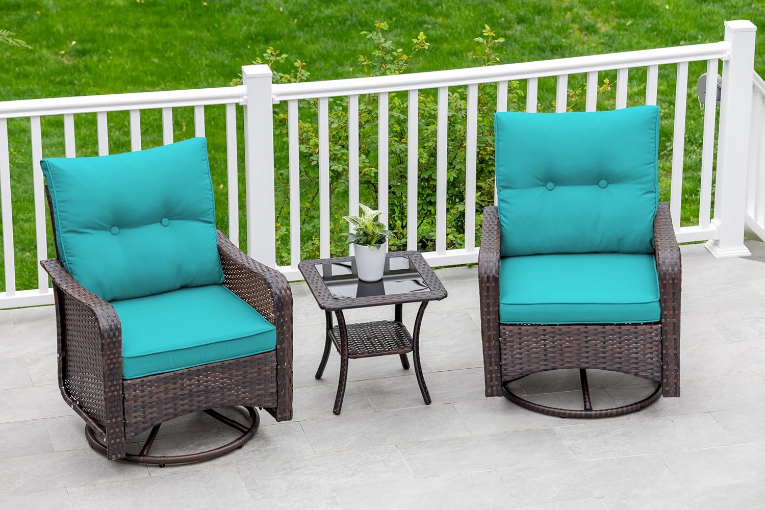 ALAULM LS-SRC-BLUE Wicker Swivel Rocking Chair Set Set of 2 Wicker Brown Wicker Frame Swivel rocker Rocking Chair with Blue Solid Seat