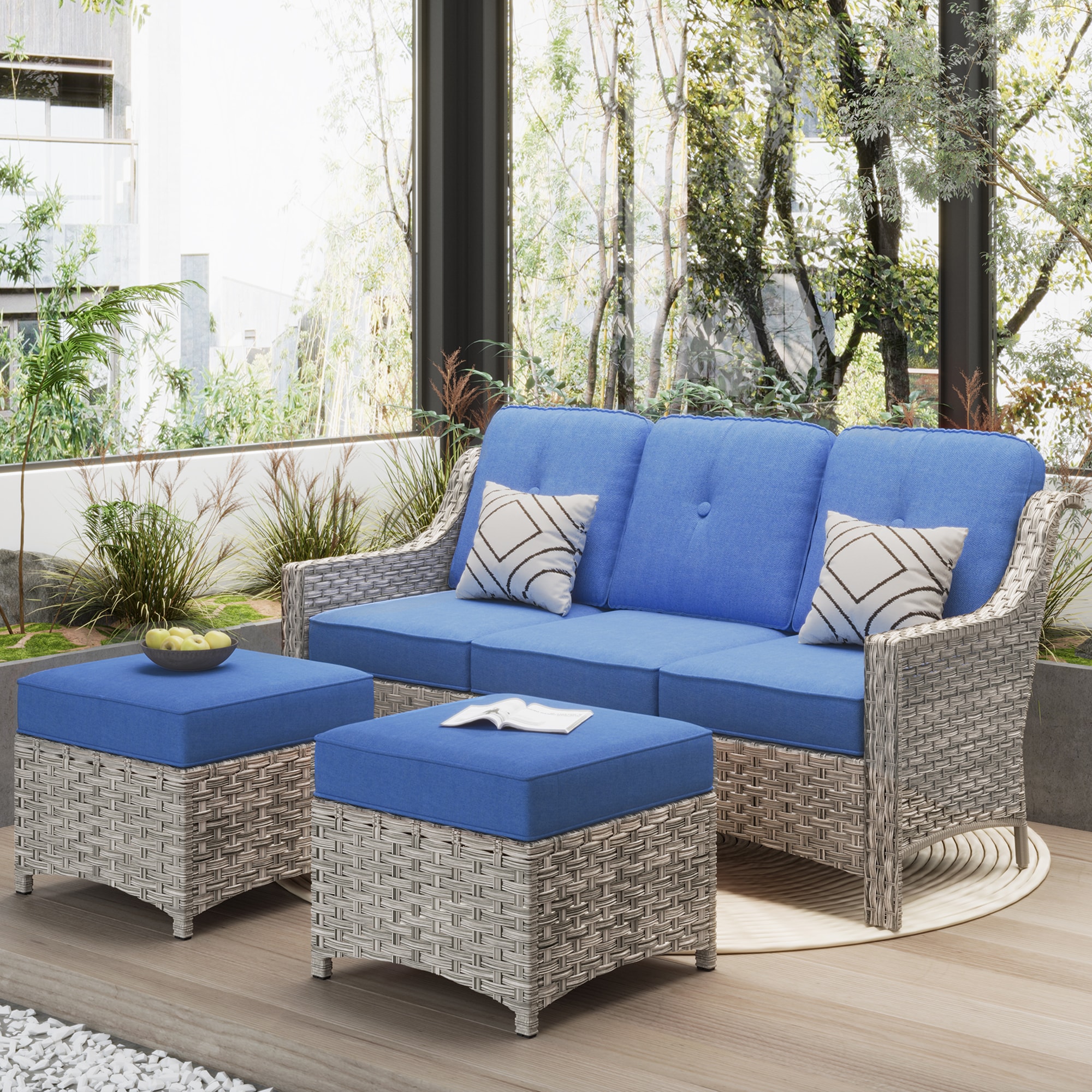 Ovios 3-Piece Wicker Patio Conversation Set with Blue Cushions in the ...