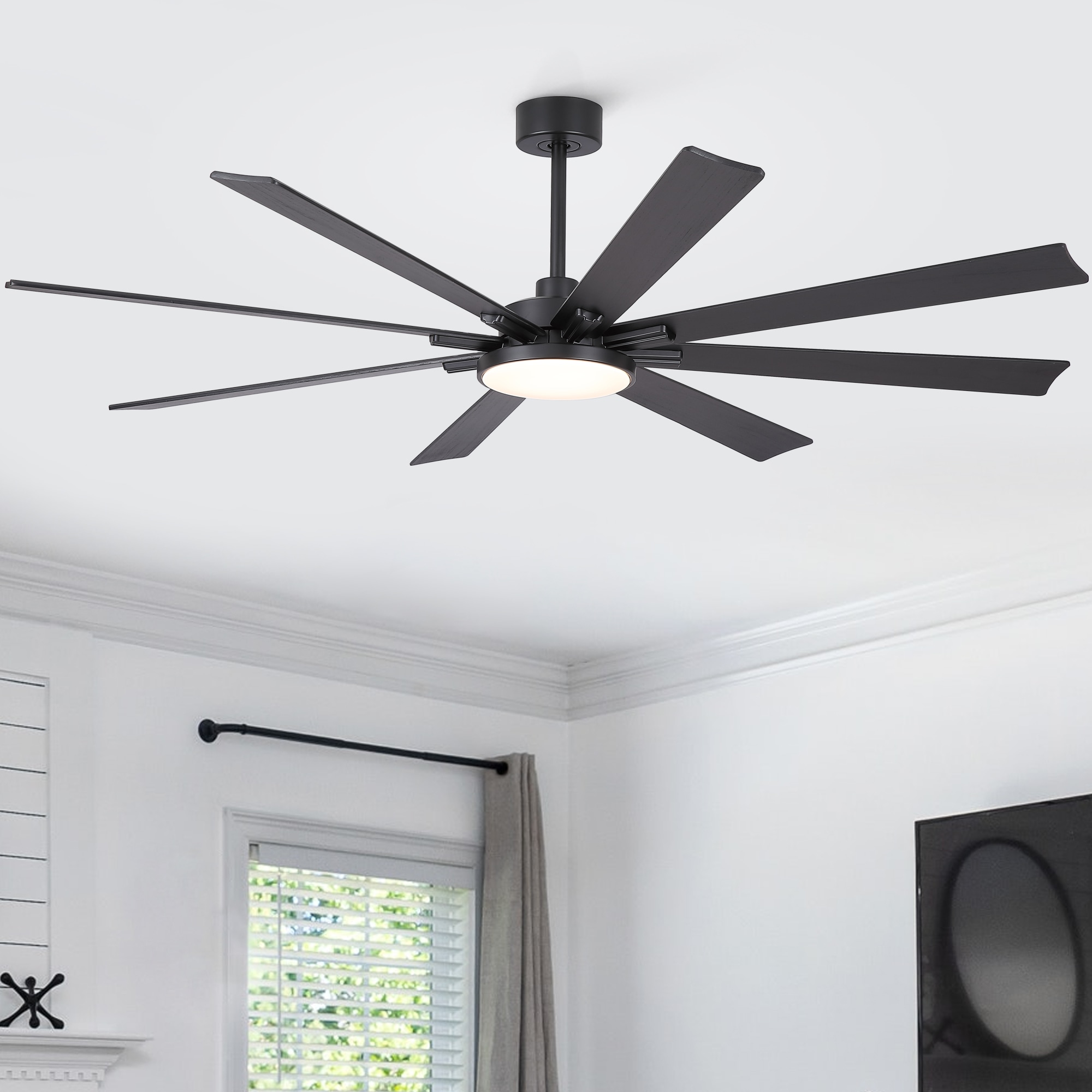 Sevenine Hushine 72 in Indoor Matte Black  Standard Downrod Ceiling Fan with Light  With 8 Solid Black Wood Blades and Remote Control Included