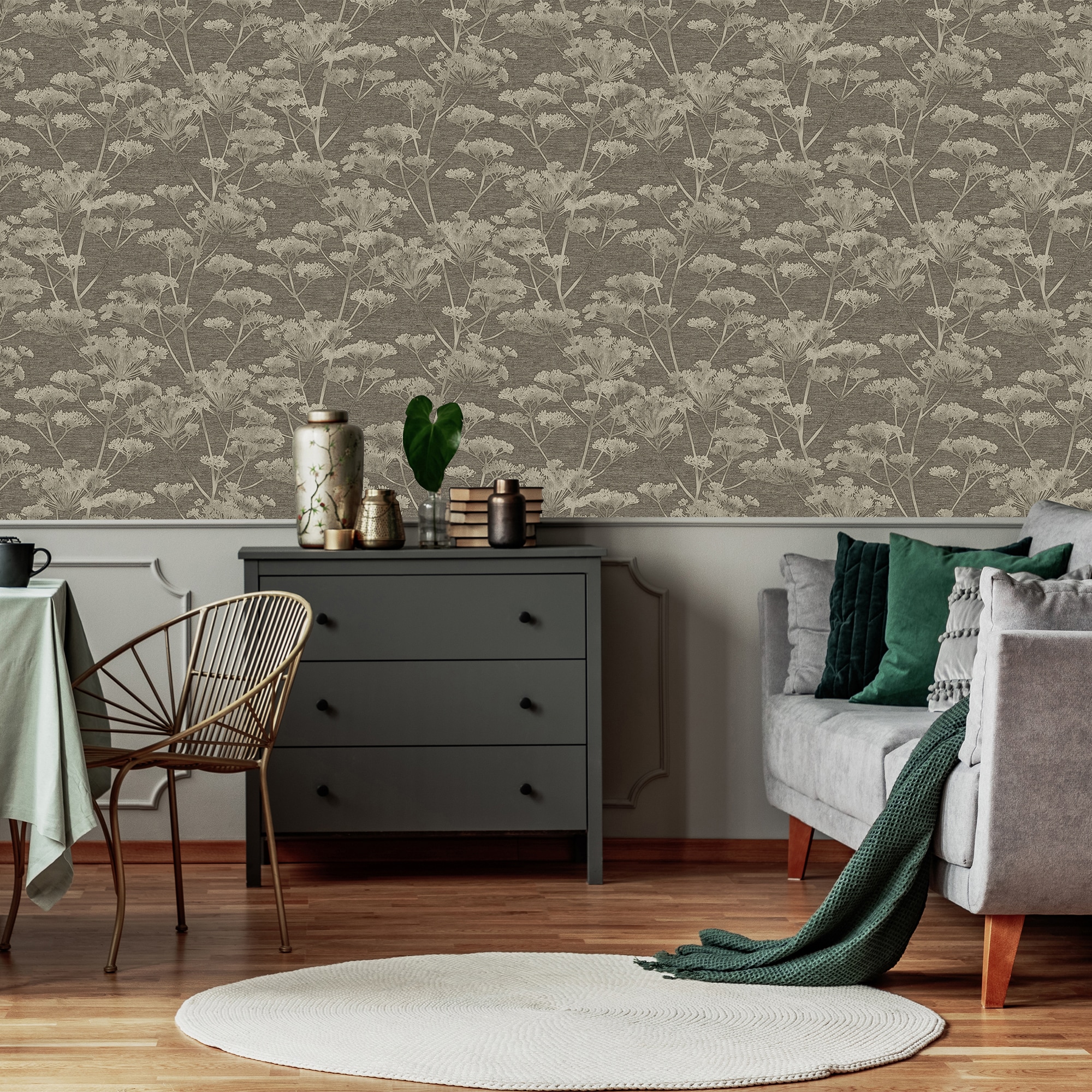 Boutique Indulgence Taupe and Gold Floral Non-Woven Wallpaper