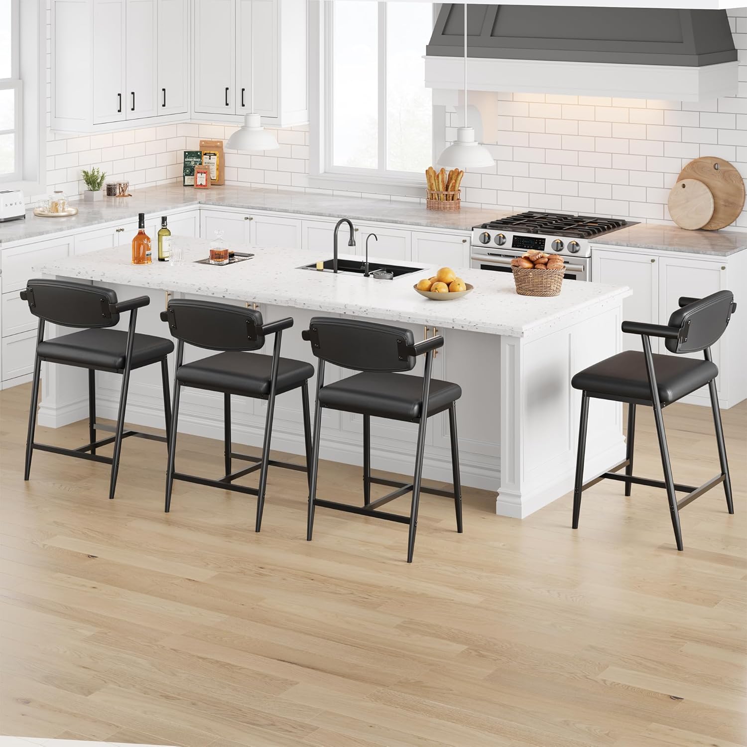 Qeetex LHF-YZ-PHO-16950A04 Bar Stools Set of 4 - 26.5inch Upholstered Counter Height Bar Stools for 2 with Armrest - Wider Thickened Cushion - Bar Chairs with Backrest for Bar/Dining Room/Kitchen - Retro Black