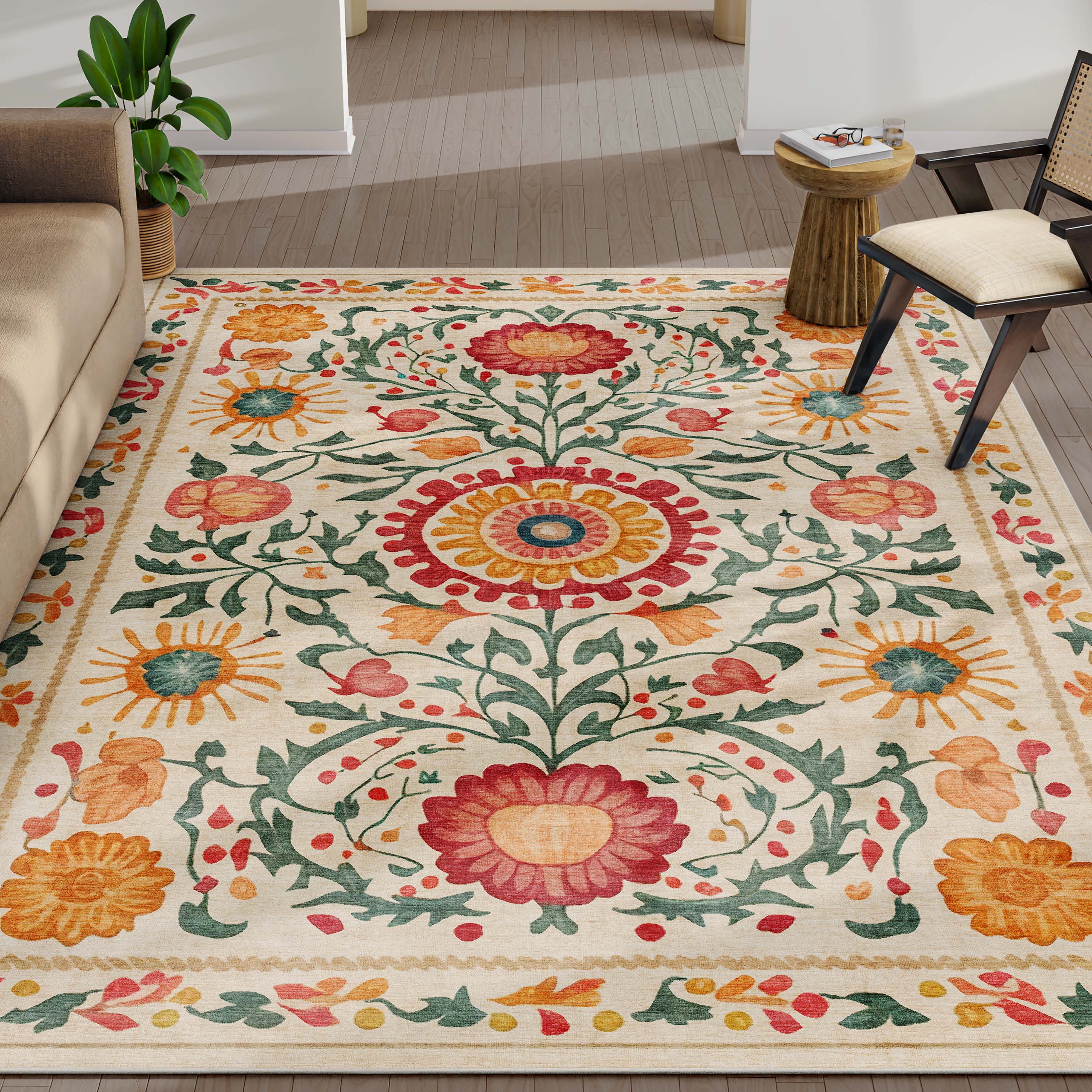 Apollo Suzani Beige and Red Floral Flat-Weave Area Rug