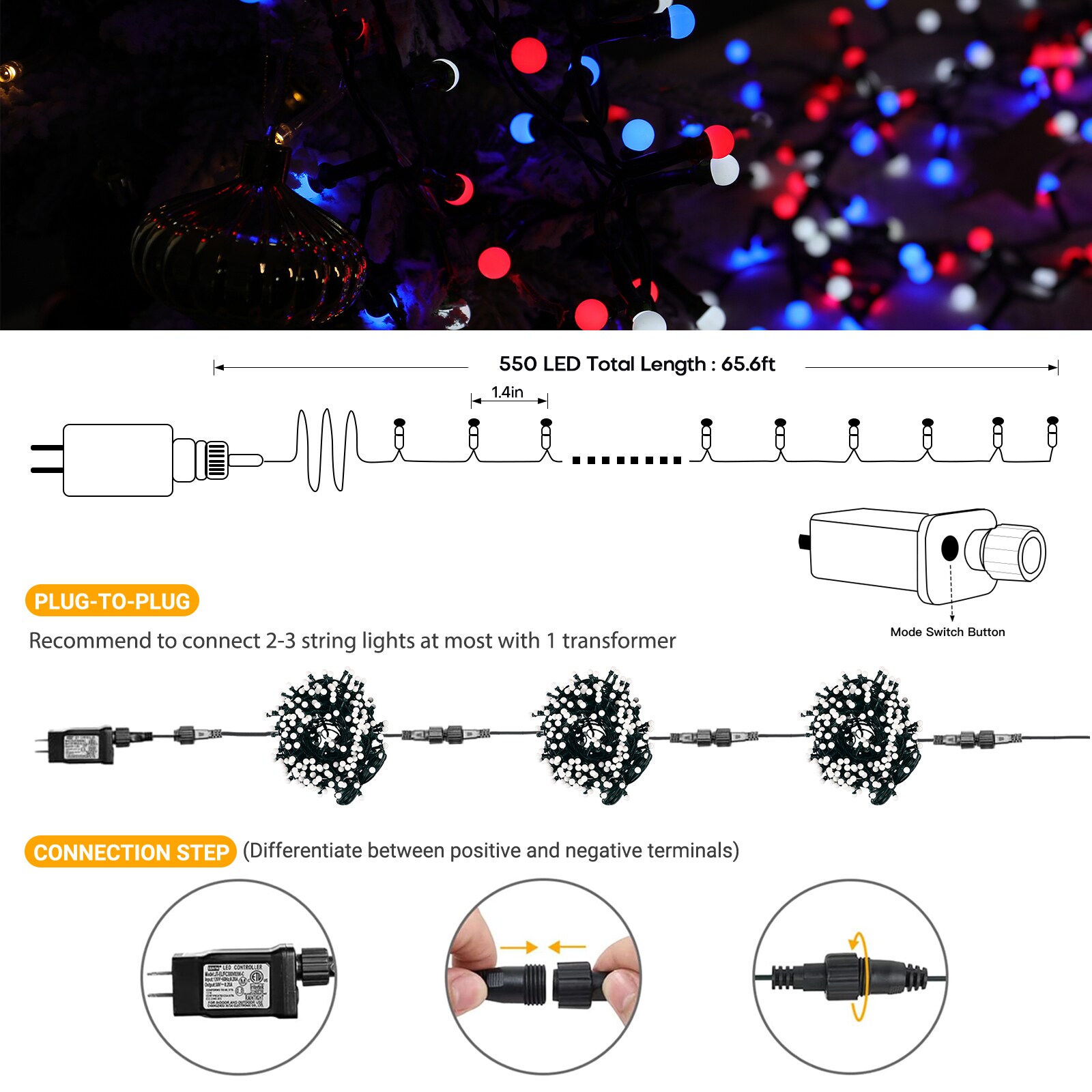 Christmas Lights 66FT 550 LED 8 Twinkle Modes & Remote Control