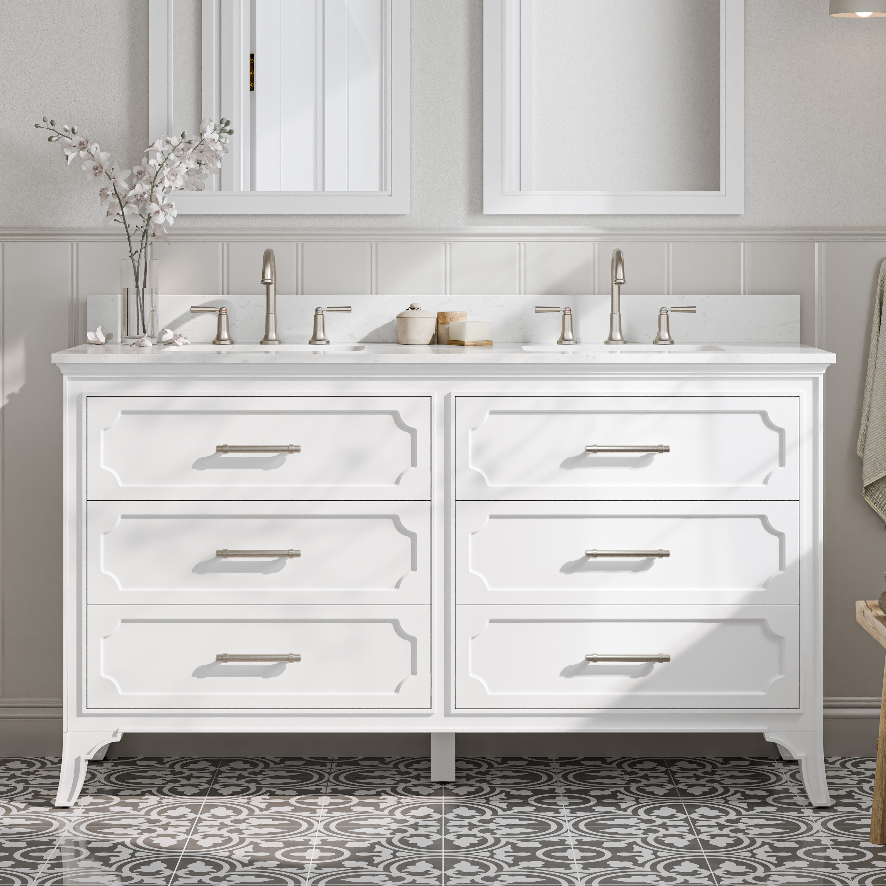 Helena 60-in Swan White Undermount Double Sink Bathroom Vanity with Carrara Engineered Marble Top | - allen + roth 1008VTC-60-201-925UR