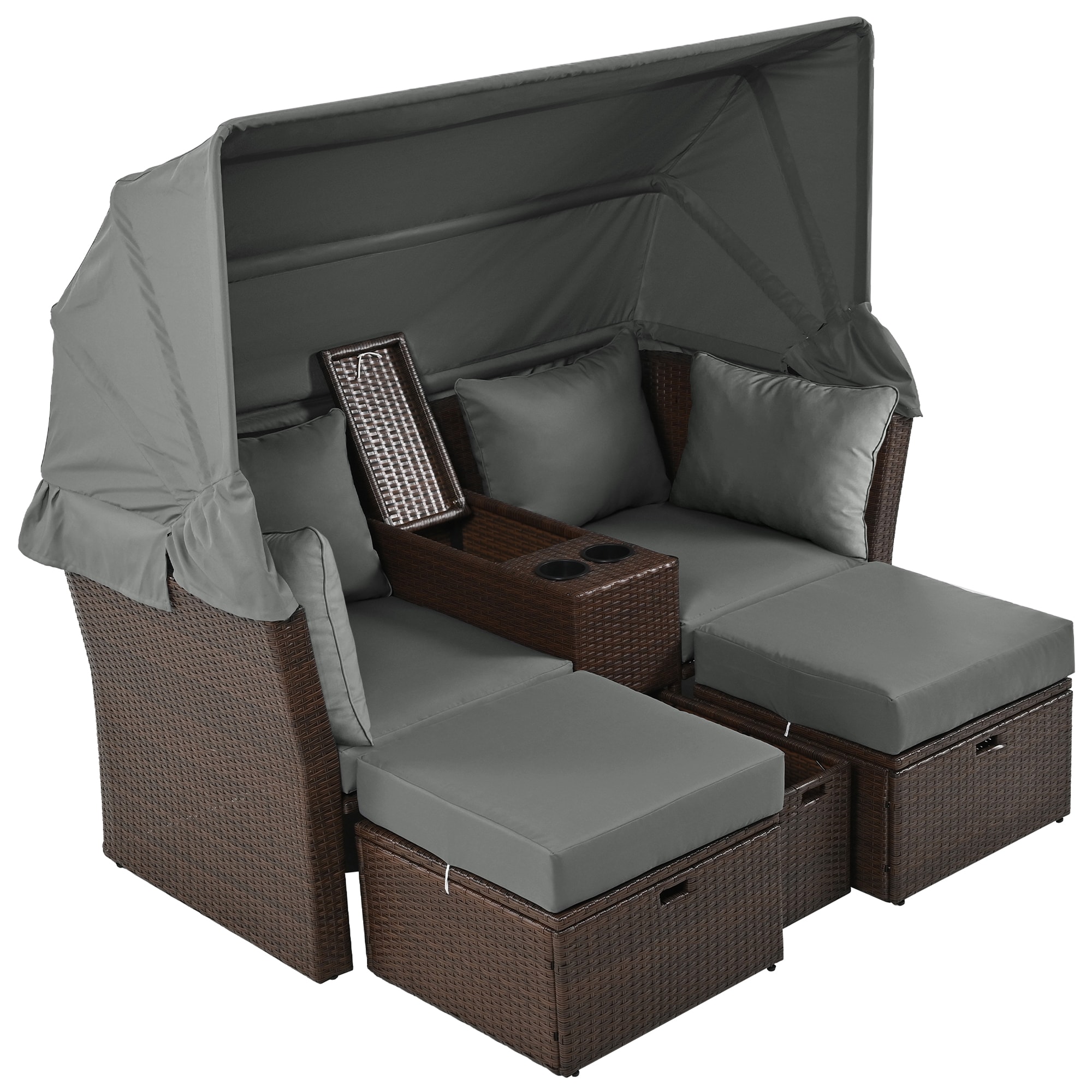 ModernLuxe L-SZ000020AAE 2-Seater Outdoor Patio Daybed Outdoor Double Daybed Rattan Outdoor Daybed with Gray Cushions and Iron Frame