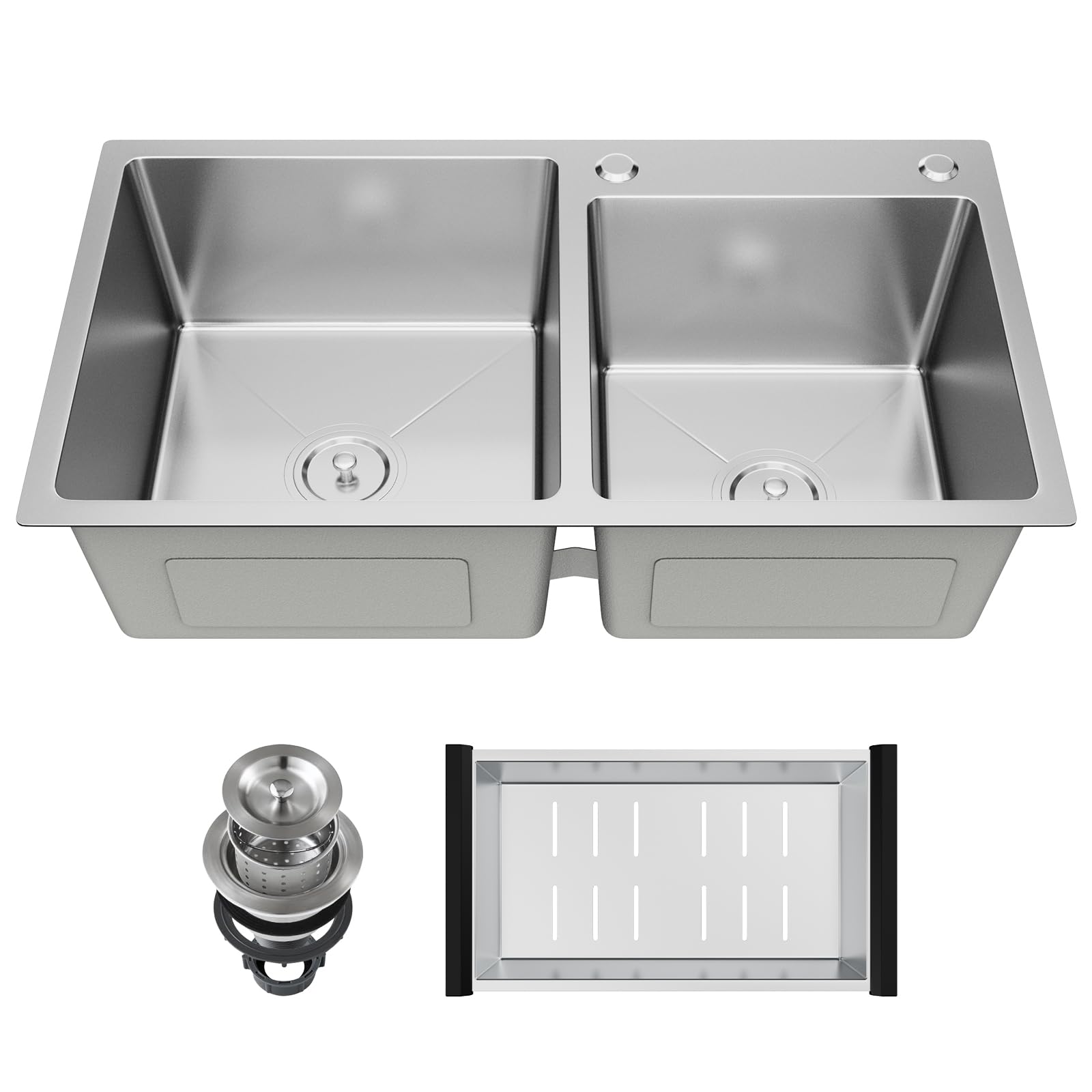 DHMHD  30 inch Double Bowl Kitchen Sink Top Mount Drop in 304 Stainless Steel with Nano Coating and Drain Assembly for Modern Kitchens