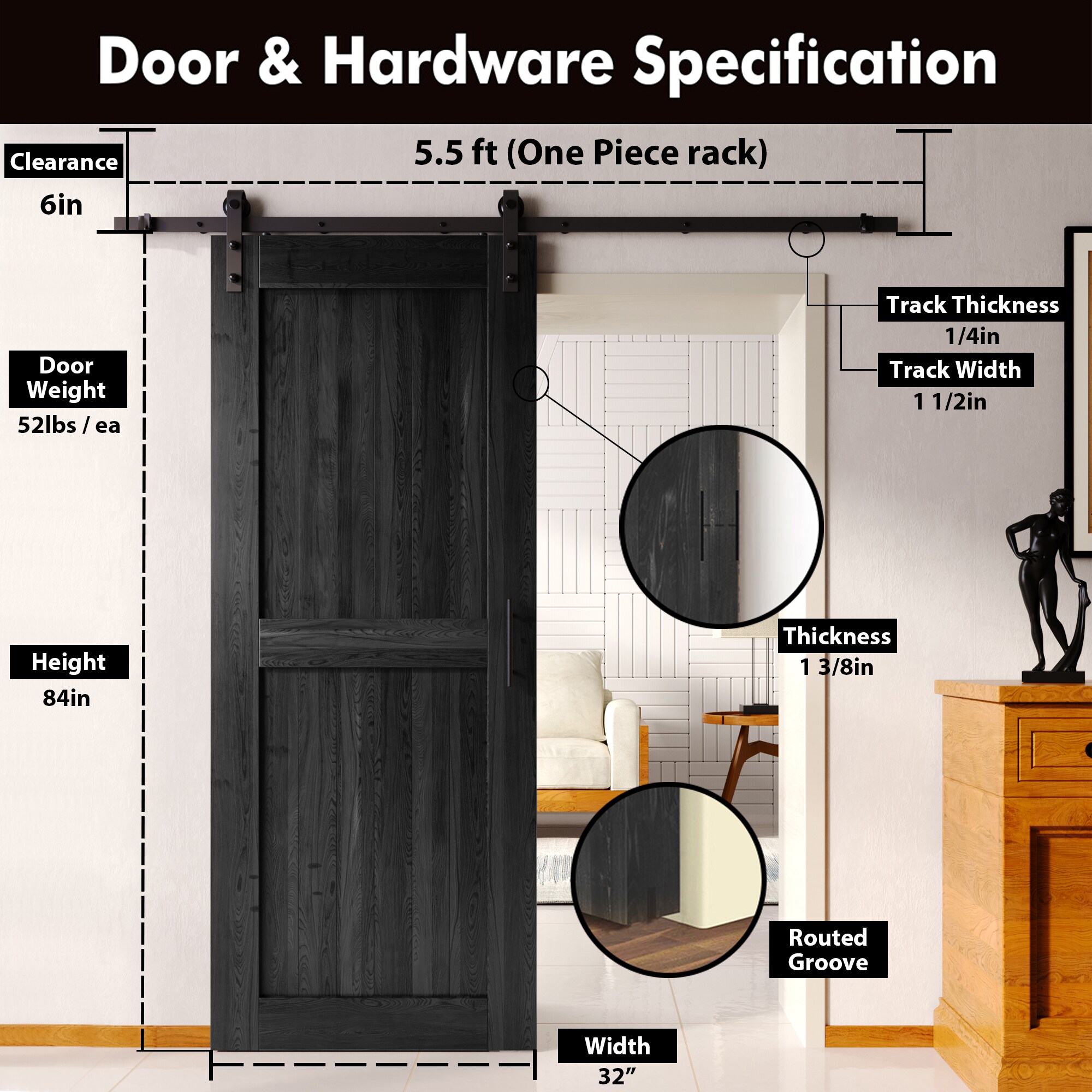 HOMACER YT1TGH066C-3284-H-BK Barn-Doors - View #2