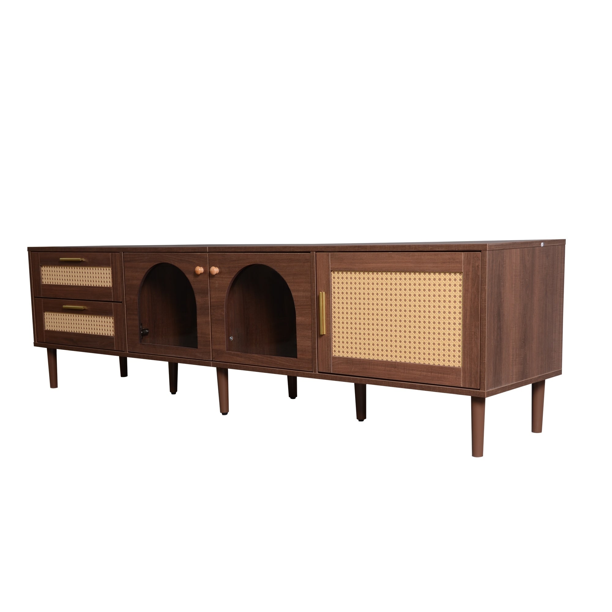 Horizons Prime 71 inch Dark Brown MDF and Rattan TV Stand with 3 Cabinets and 2 Drawers for TVs up to 80 inch