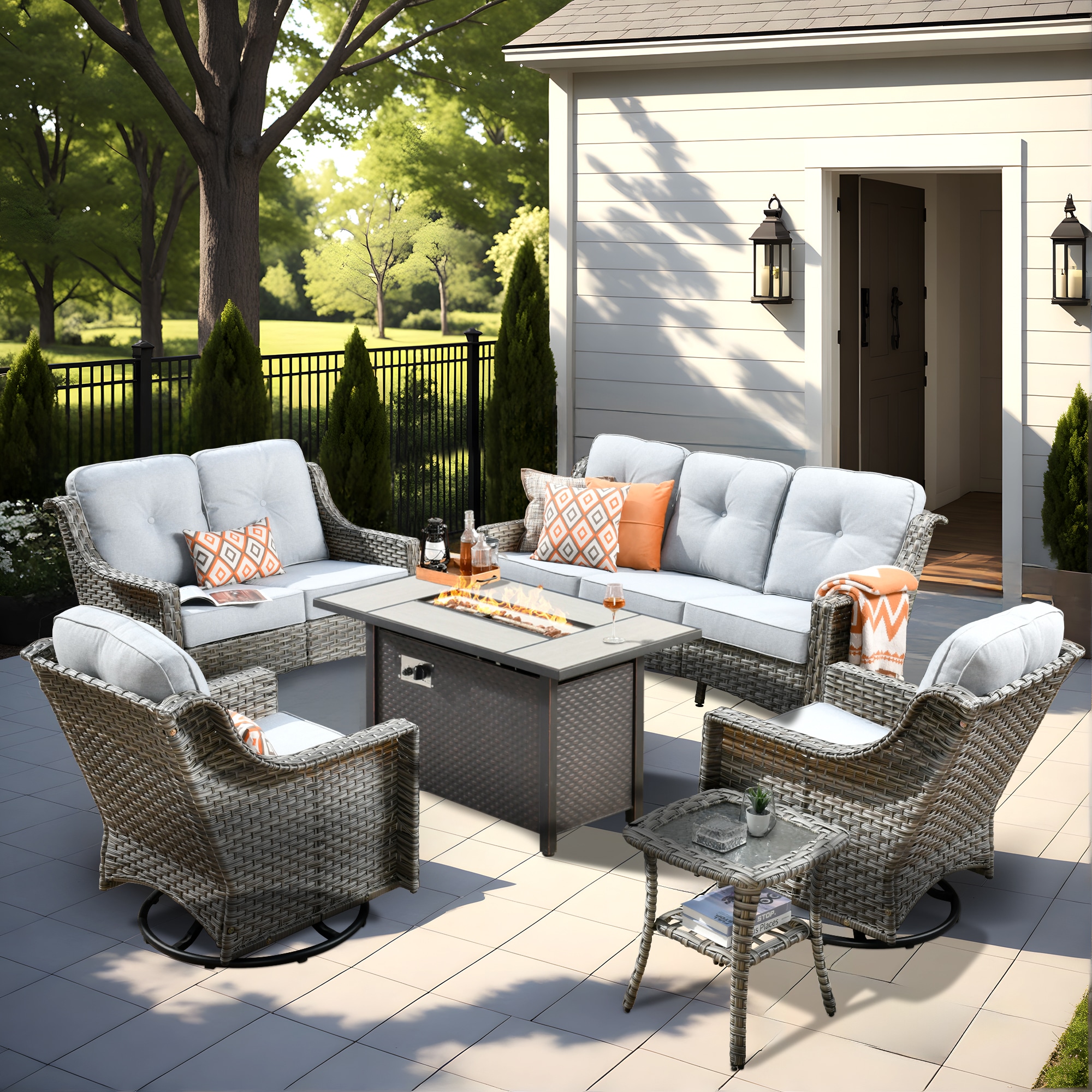 Pouuin SCFPAD406 6 -Piece Wicker Patio Sofa Conversation Set with Light Gray Cushions