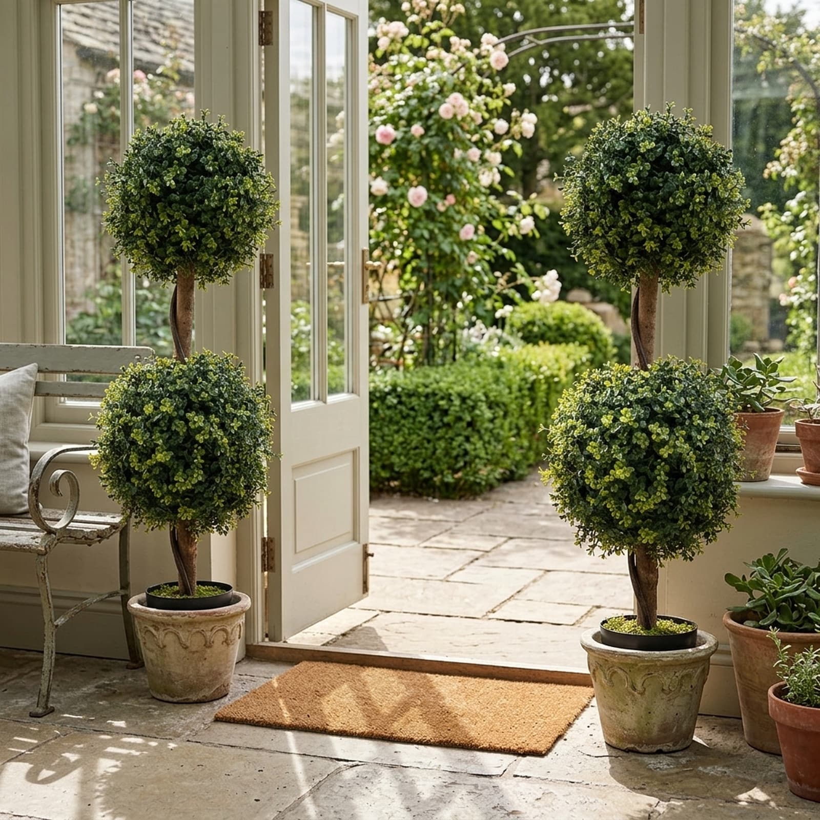 SUGIFT - Set of 2 Artificial Topiary Ball Trees 35.5-in Faux Boxwood Evergreen Shrubs Potted Fake...