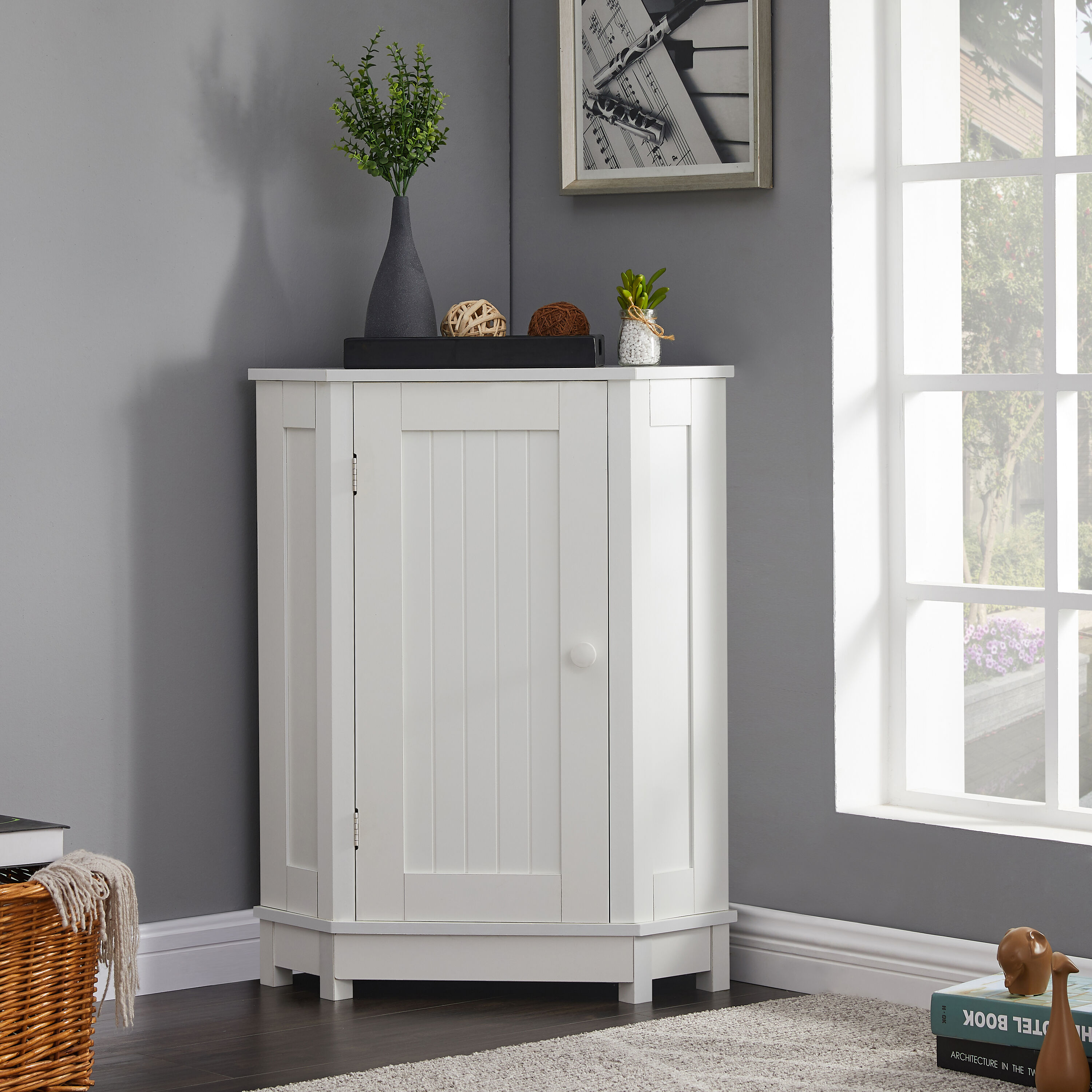 Tatayosi White Bathroom Cabinet Triangle Corner Storage Cabinet with Adjustable Shelf Modern Style MDF Board