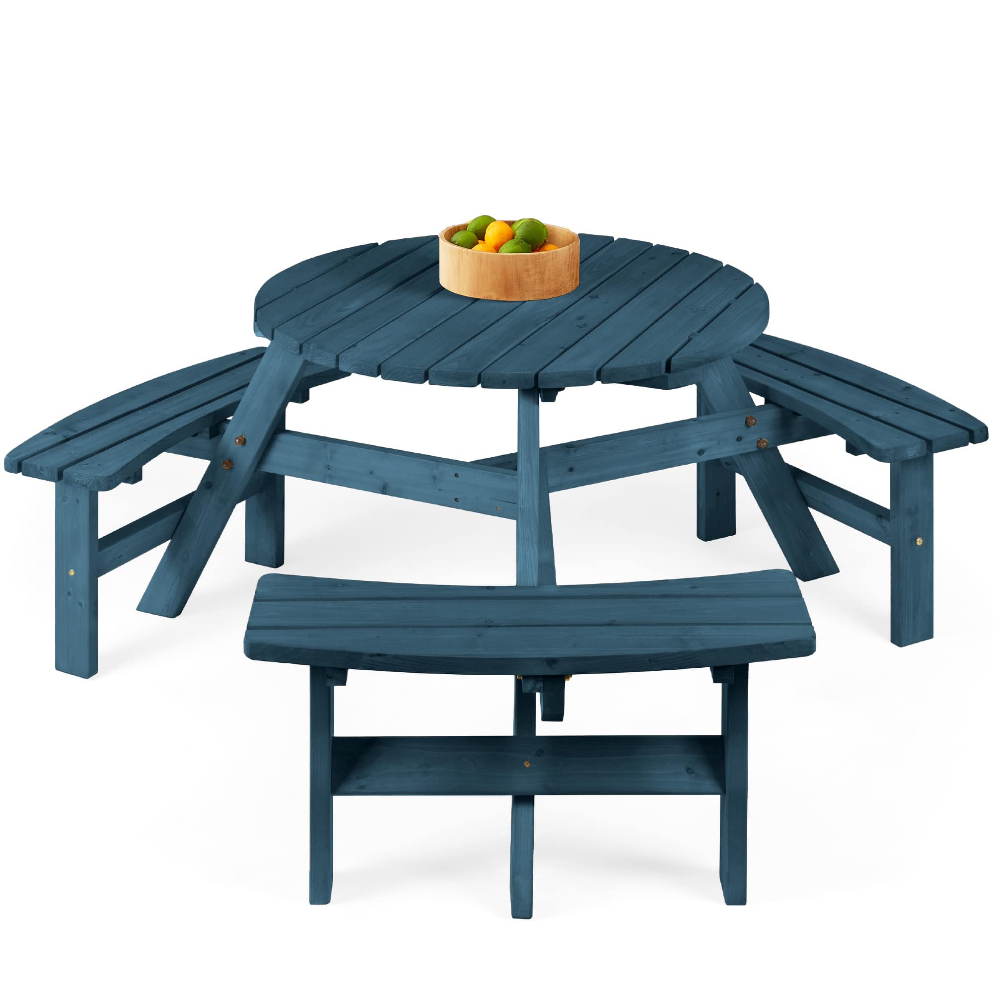 Best Choice Products - 6-Person Circular Outdoor Wooden Picnic Table w/ 3 Built-In Benches 500lb...