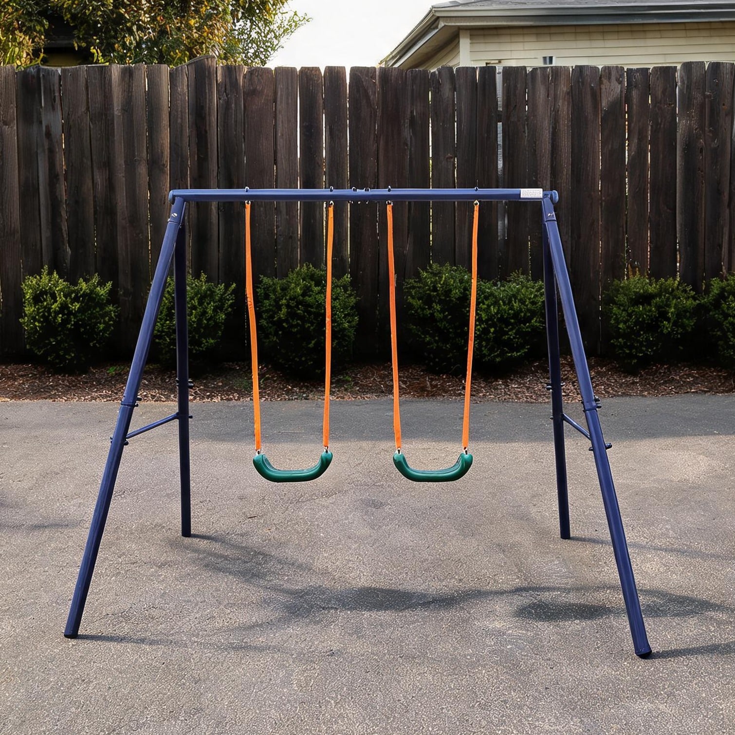 Naturefalls Two-Seat Bench Swing Set with Steel A-Frame in Classic Blue 102-inch Wide Outdoor Play Structure for Children