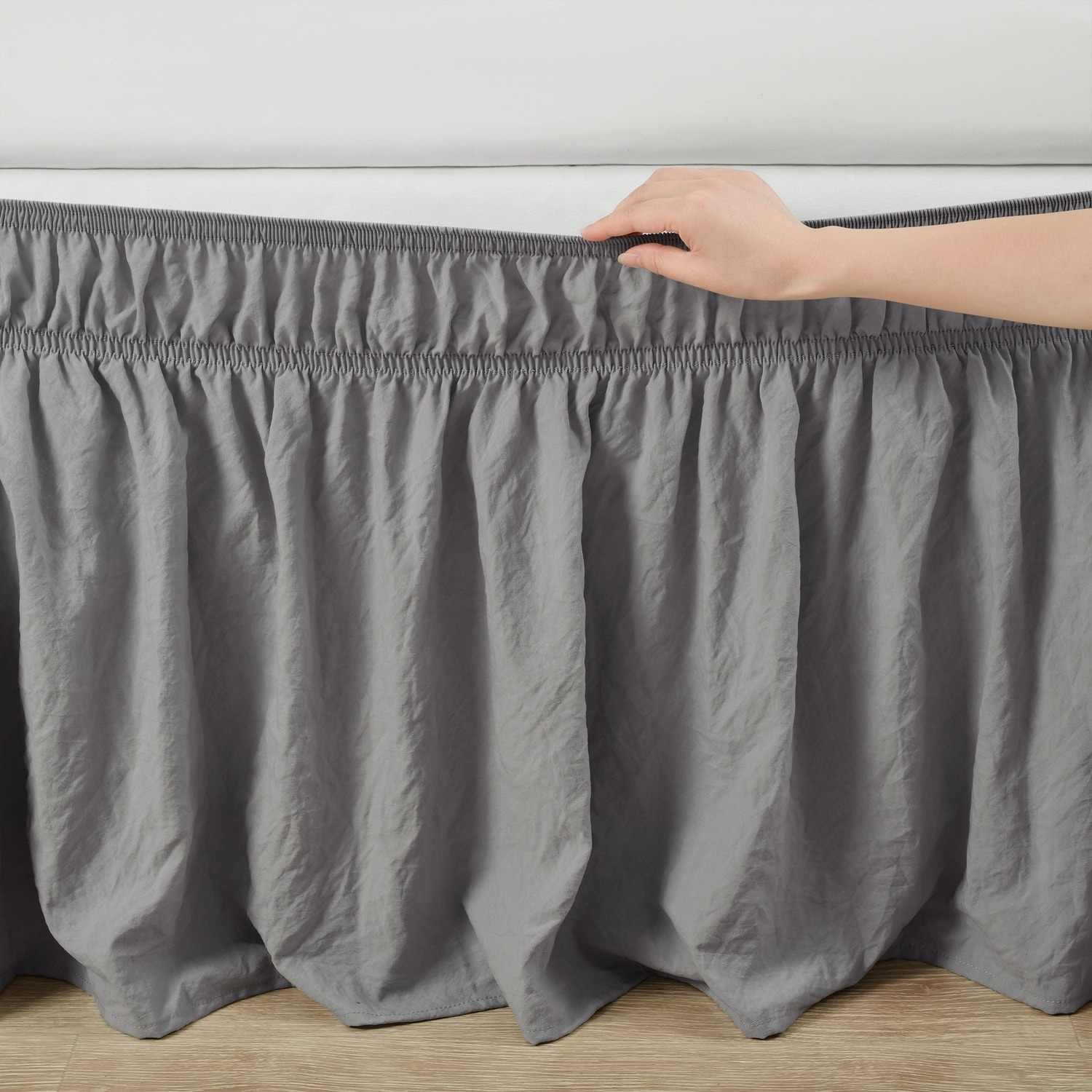 Dark Gray Ruched Ruffle Elastic Easy Wrap Around Queen/King/Cal King Bed Skirt