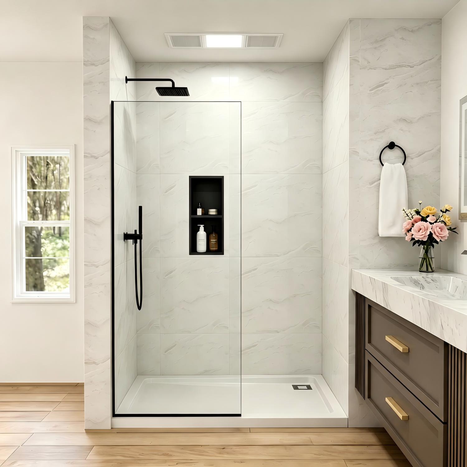 Velusian 34 in. W x 74 in. H Semi-Frameless Fixed Glass Shower Door with Easy to Clean Tempered Glass Matte Black