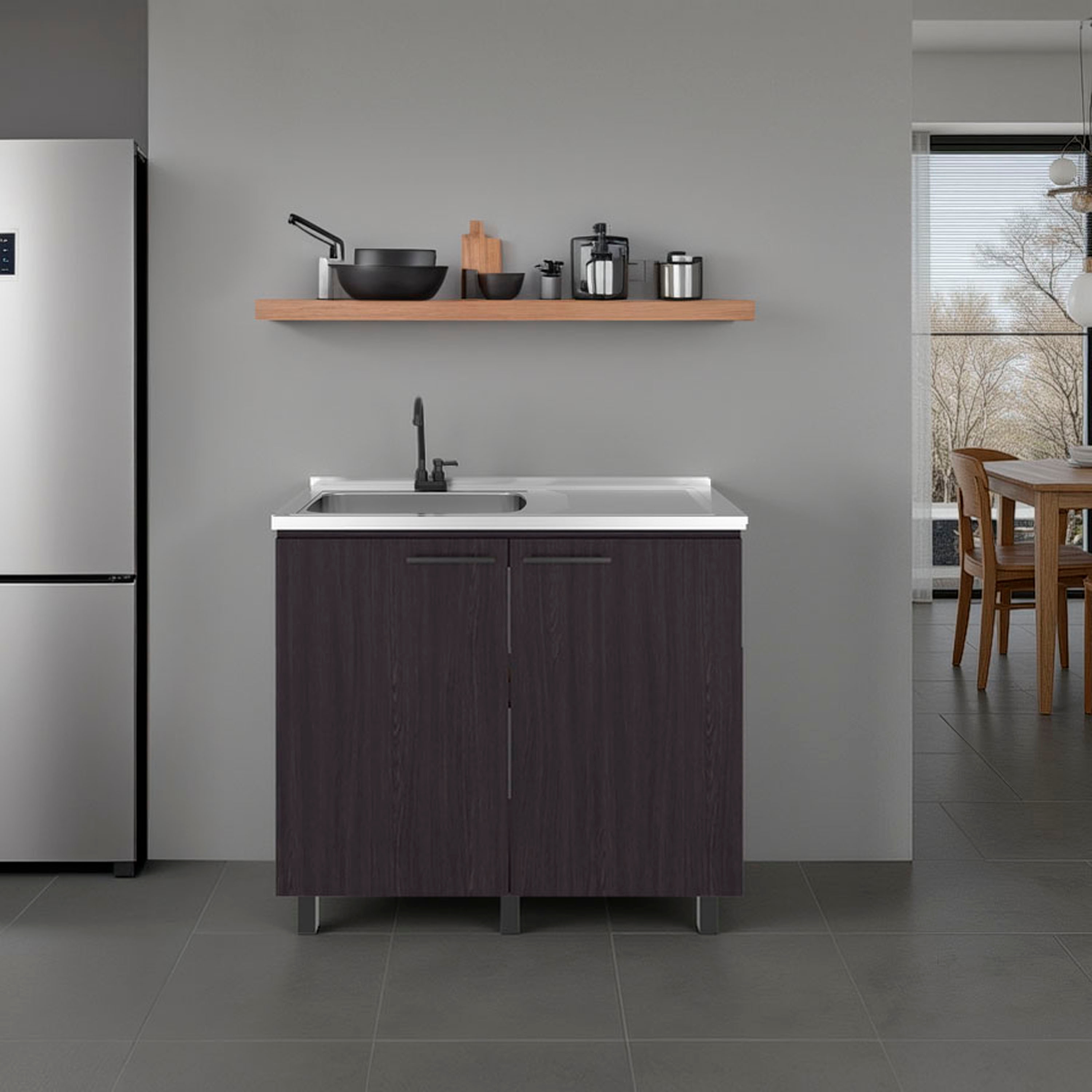 RITSU Dark Walnut and Black Stainless Steel Freestanding Utility Sink Cabinet Deep Basin Interior Shelf Storage Faucet Included Stable Legs for Laundry Room Garage Kitchen Workshop Daily Storage