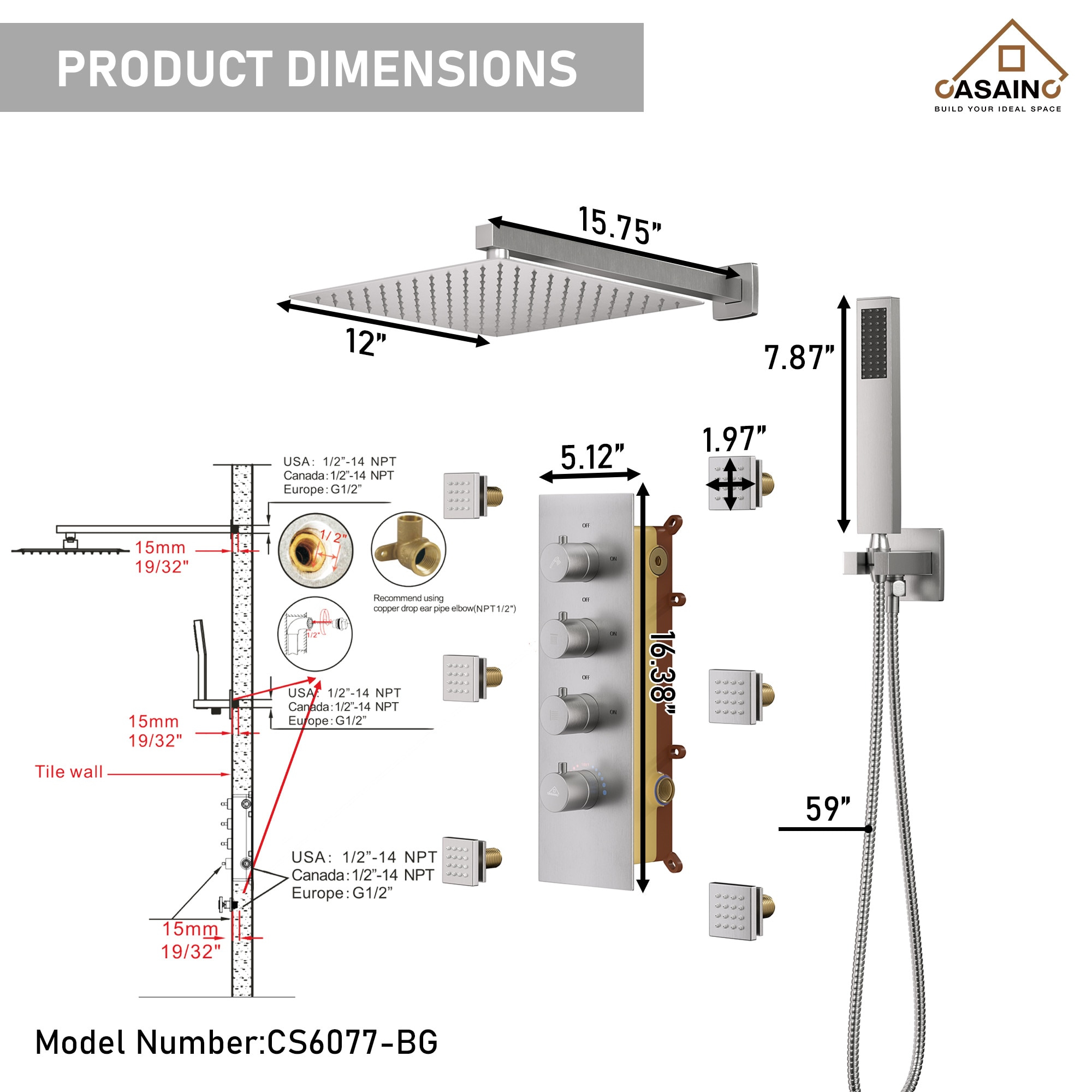 CASAINC CS6077-BN Showerhead-Bar-Panels - View #7