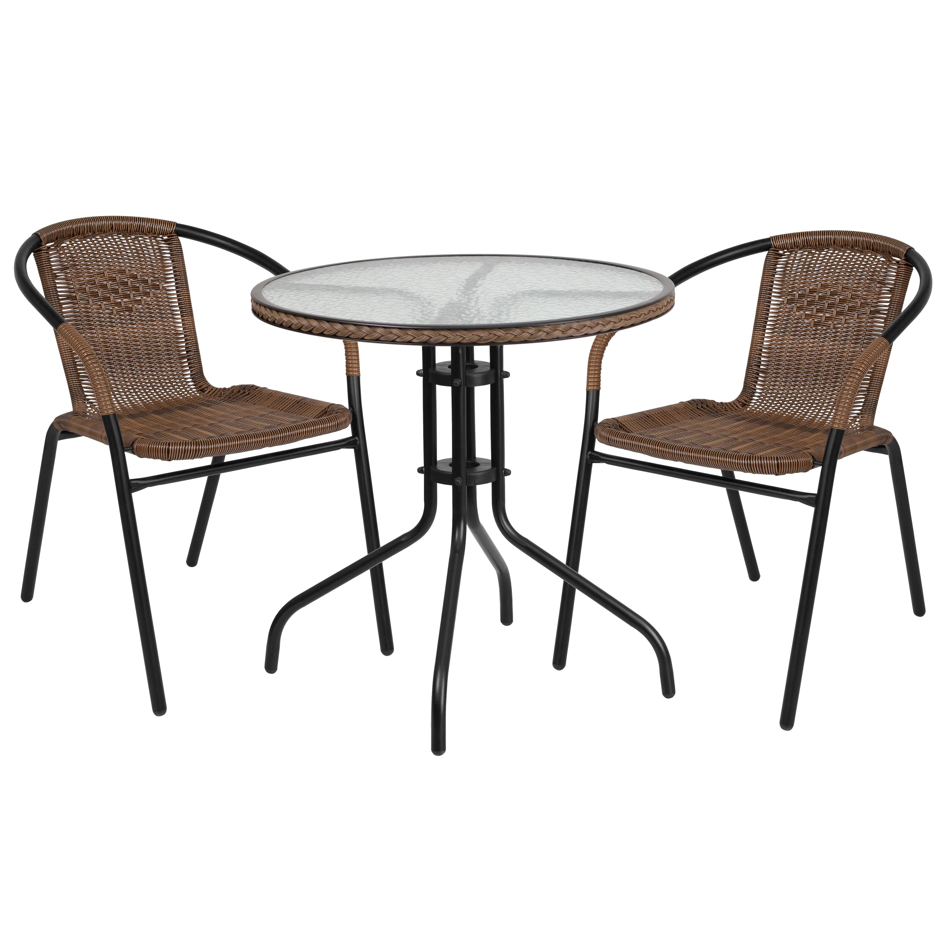 Flash Furniture 889142061649 Lila 3 -Piece Black Rattan Patio Dining Set Steel Round Table with 2 Stackable Stationary Chairs