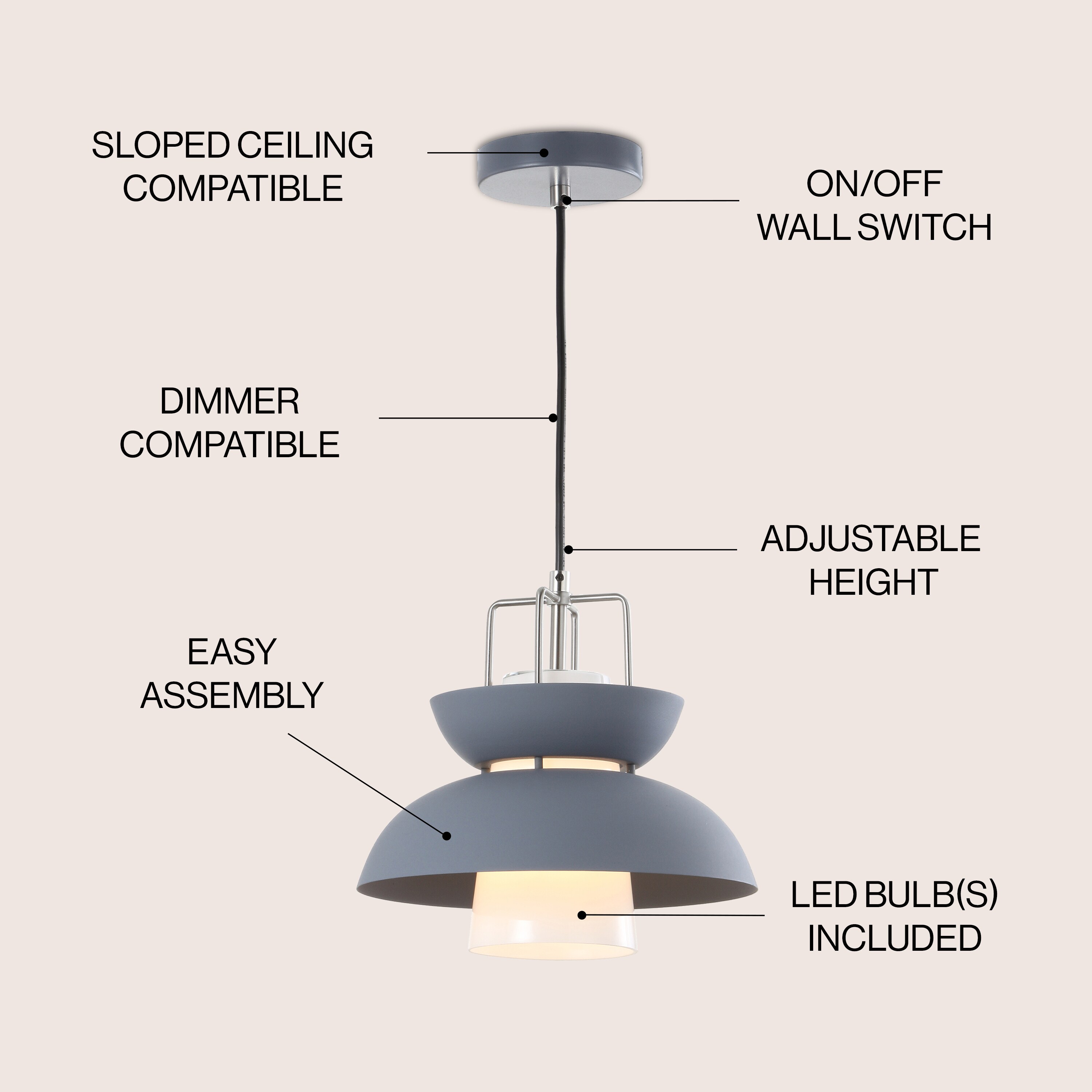 Paul 11" Adjustable Farmhouse Metal LED Pendant in Gray