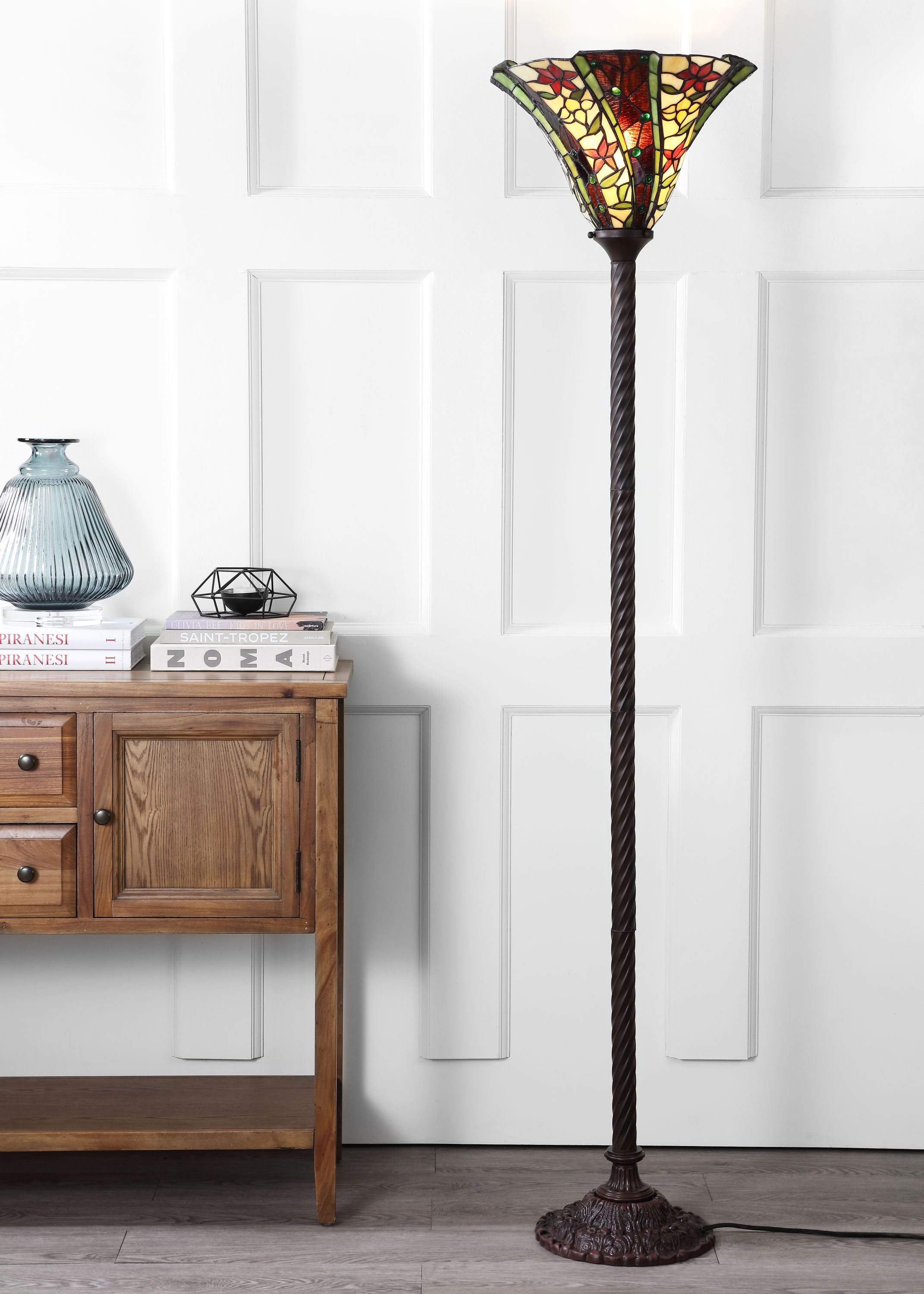 Williams 71" Bronze Torchiere with Stained Glass Shade