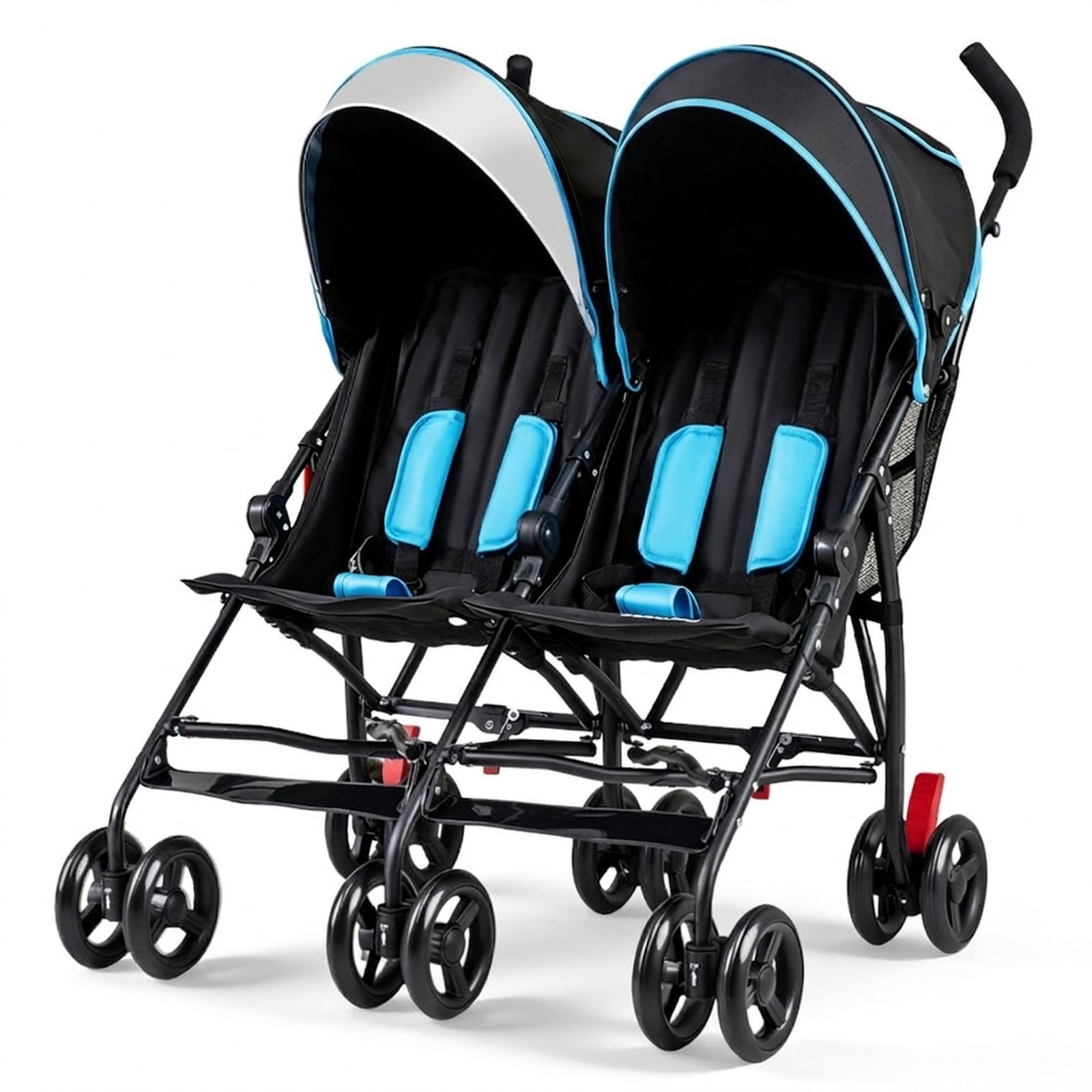 SUGIFT 31-in Twin Baby Double Stroller Ultralight Umbrella Fold with 5-Point Harness 3-Position Recline Ventilated Peek-a-Boo Canopy 360-Degree Swivel Shock-Absorbing Wheels Rear Brake Cup Holder 70-lb Total Steel Frame Navy for 7-36 mos