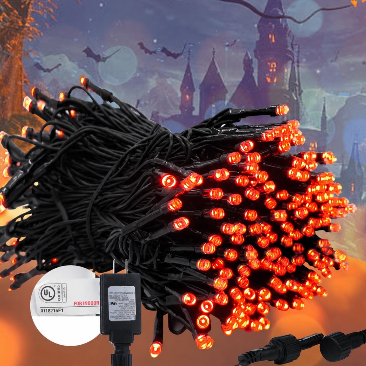 Lukvuzo  Halloween Orange String Lights 100FT 300LED Outdoor Indoor 8 Modes Connectable Fairy Lights for Christmas Party Yard Tree Fall Decor