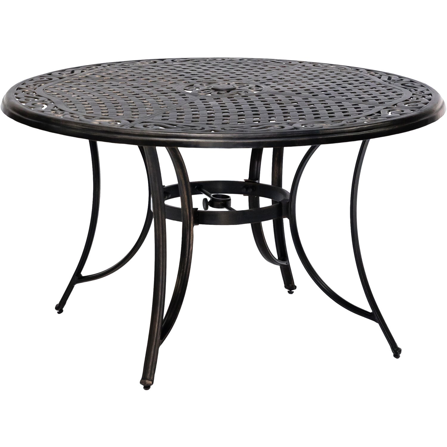 Fontana Bronze 48" Round Cast-Top Table with Tan Sling Swivel Chairs