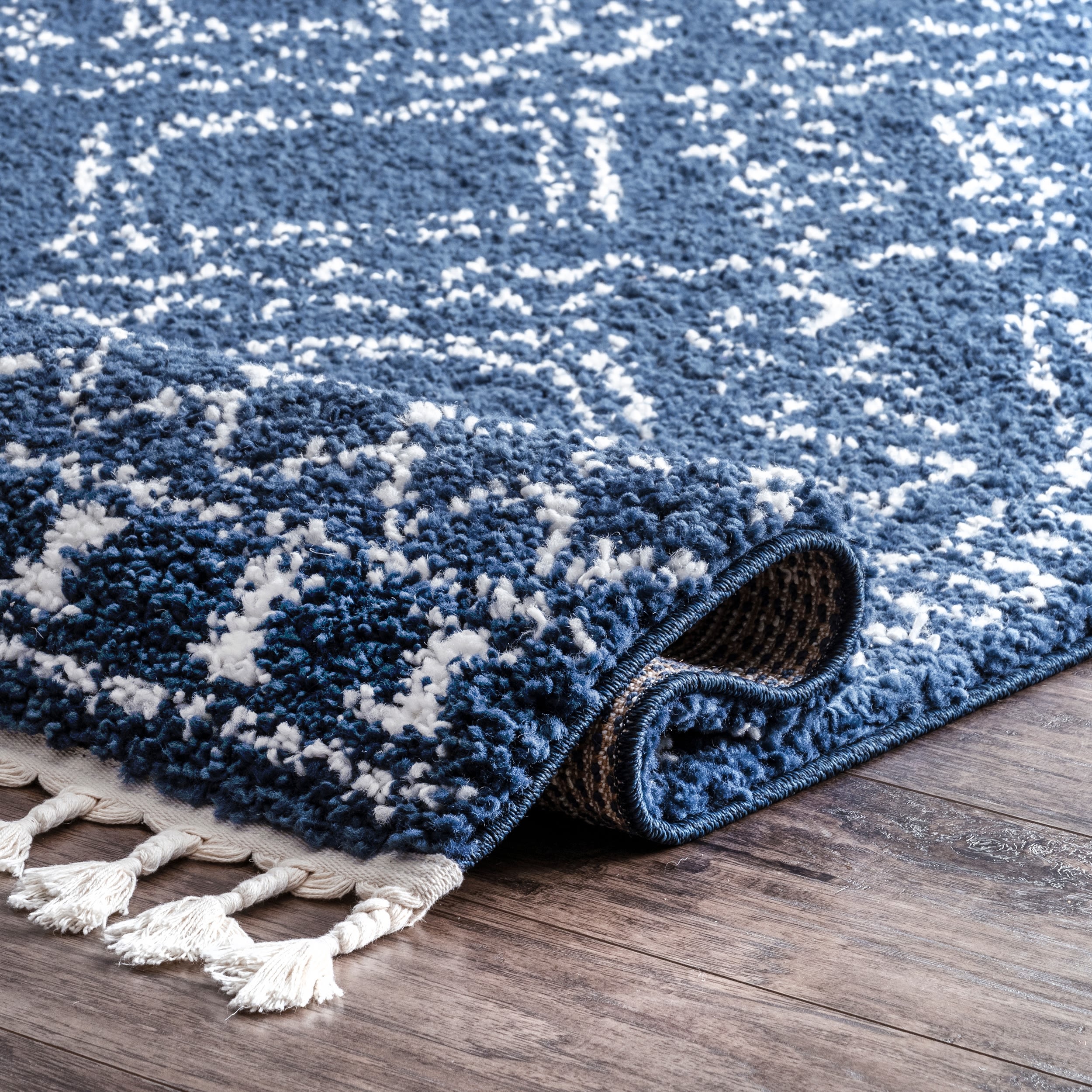 Vasiliki Blue and Ivory Geometric Shag Rectangular Area Rug