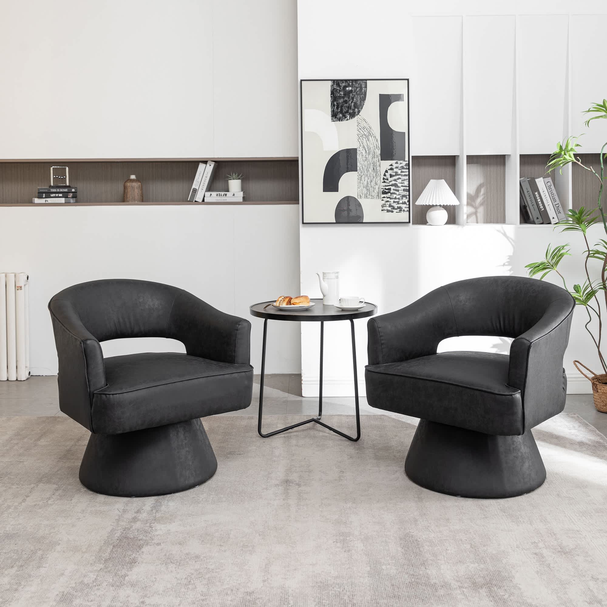 SEYNAR CE600-BLACK-S2 Modern PU Leather 360 Degree Swivel Accent Barrel Chair Set of 2