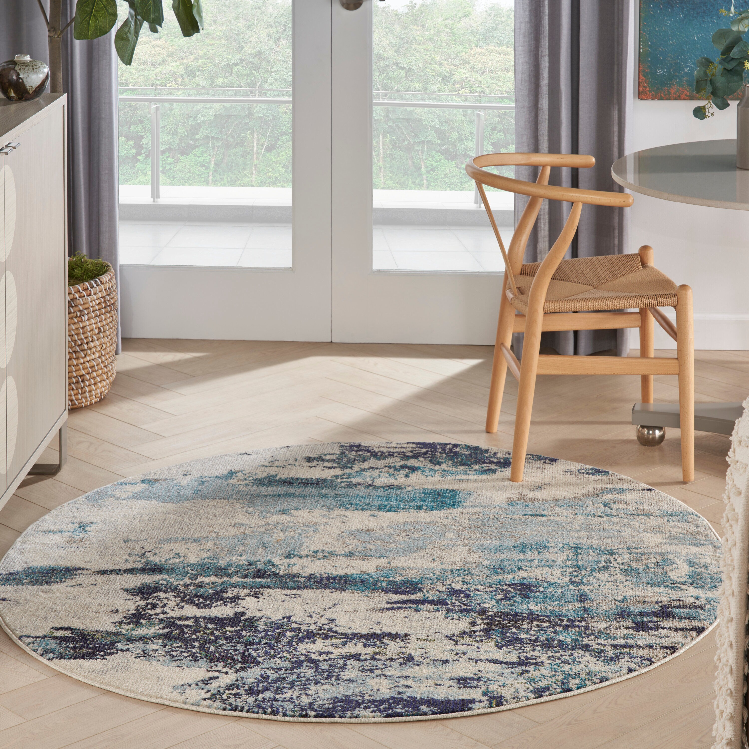Nourison 99446473806 Celestial 5 x 5 (ft) Loomed Polypropylene Ivory/Teal Blue Round Indoor Ombre Area rug