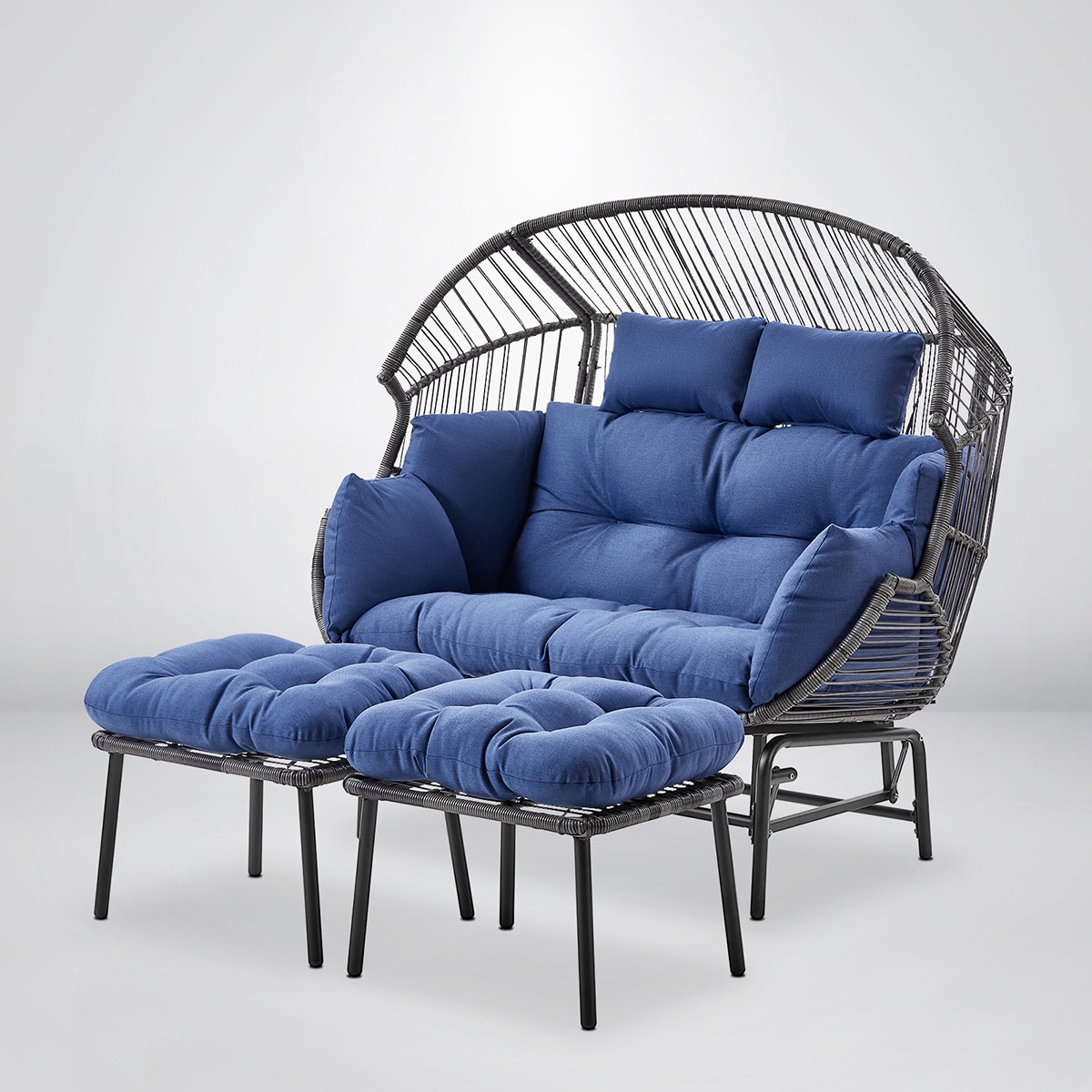Rilyson FSNNG82G093-1 Egg Chair Wicker Gray Wicker Frame Glider Egg Chair with Blue Blue Cushioned Seat