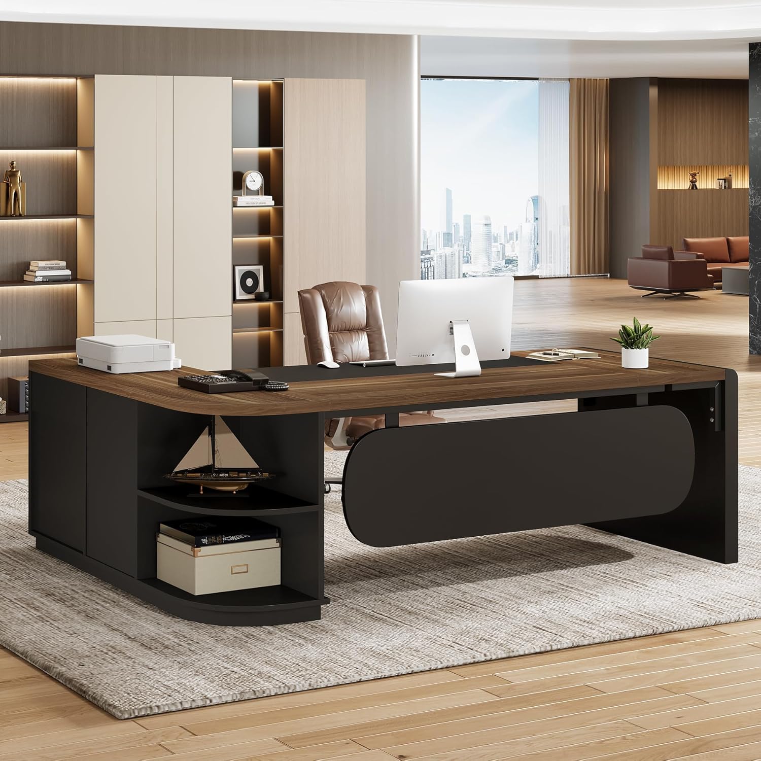 Tribesigns 81 inch W Brown and Black L Shaped Computer Desk Writing Table with Storage Shelves Drawers and File Cabinet